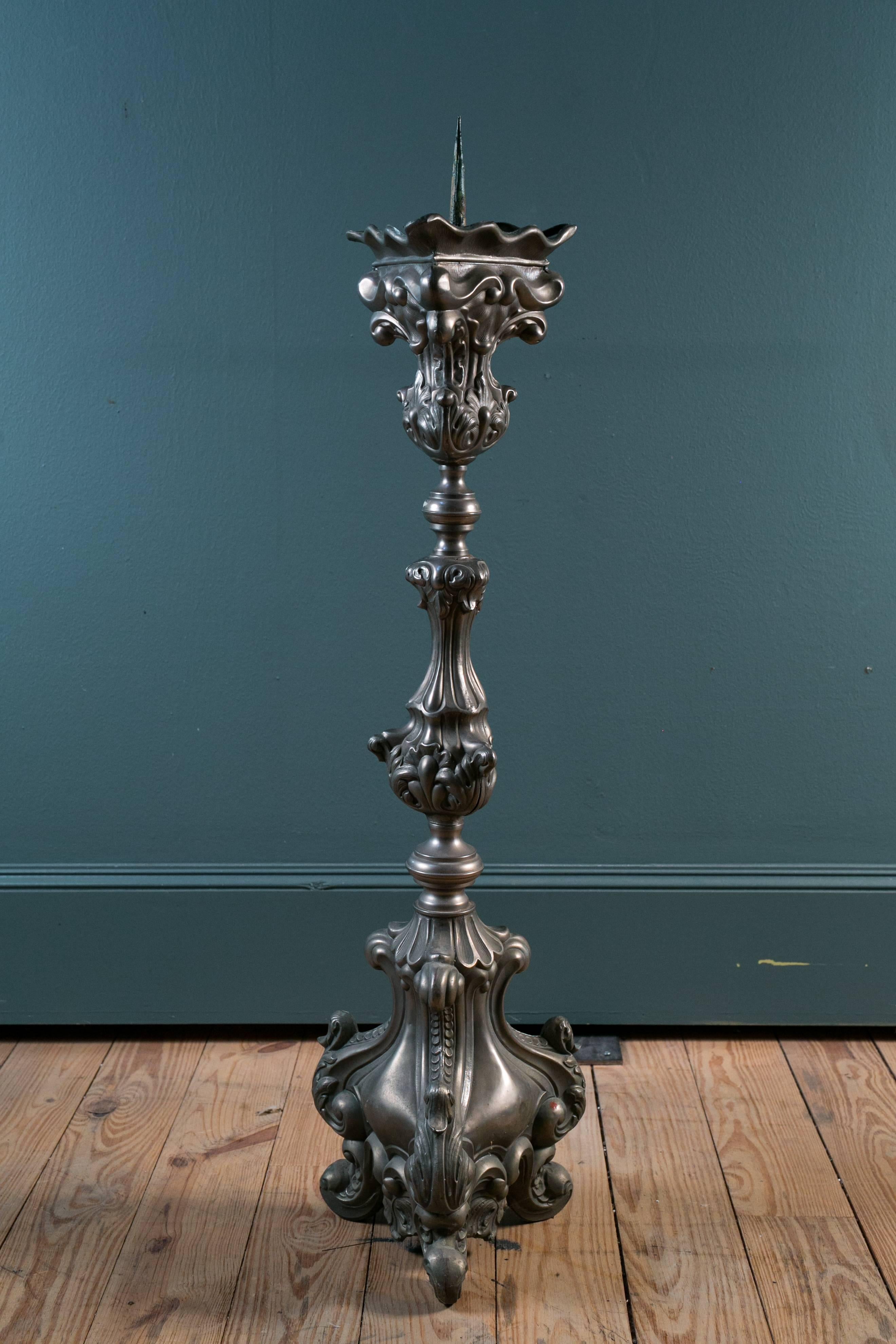 Rococo Pewter Colored French Repousse' Floor Candle Holder with Pick, circa 1890