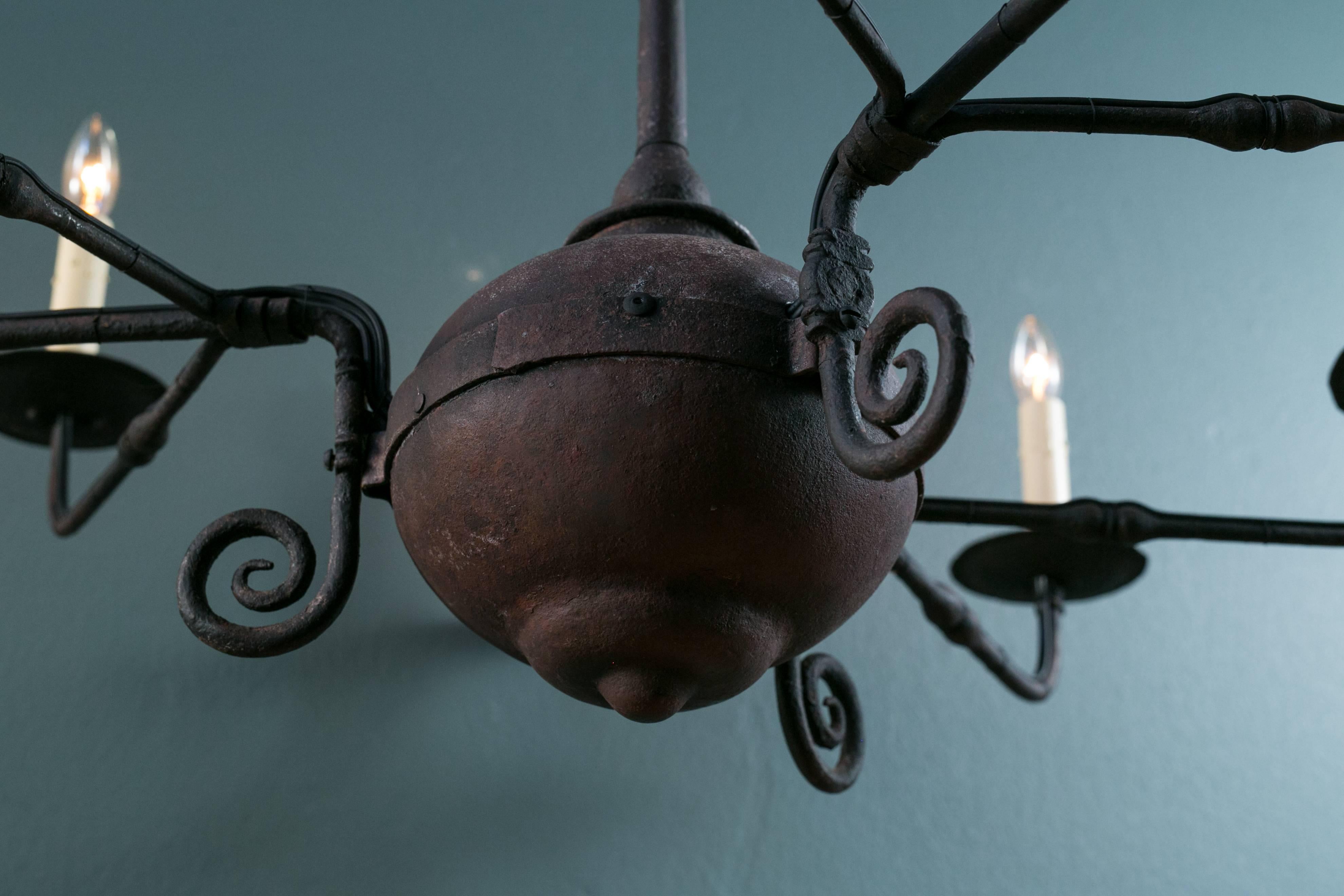 George V Hand-Forged French Iron Chandelier with Three Arms and Nine Lights, circa 1920