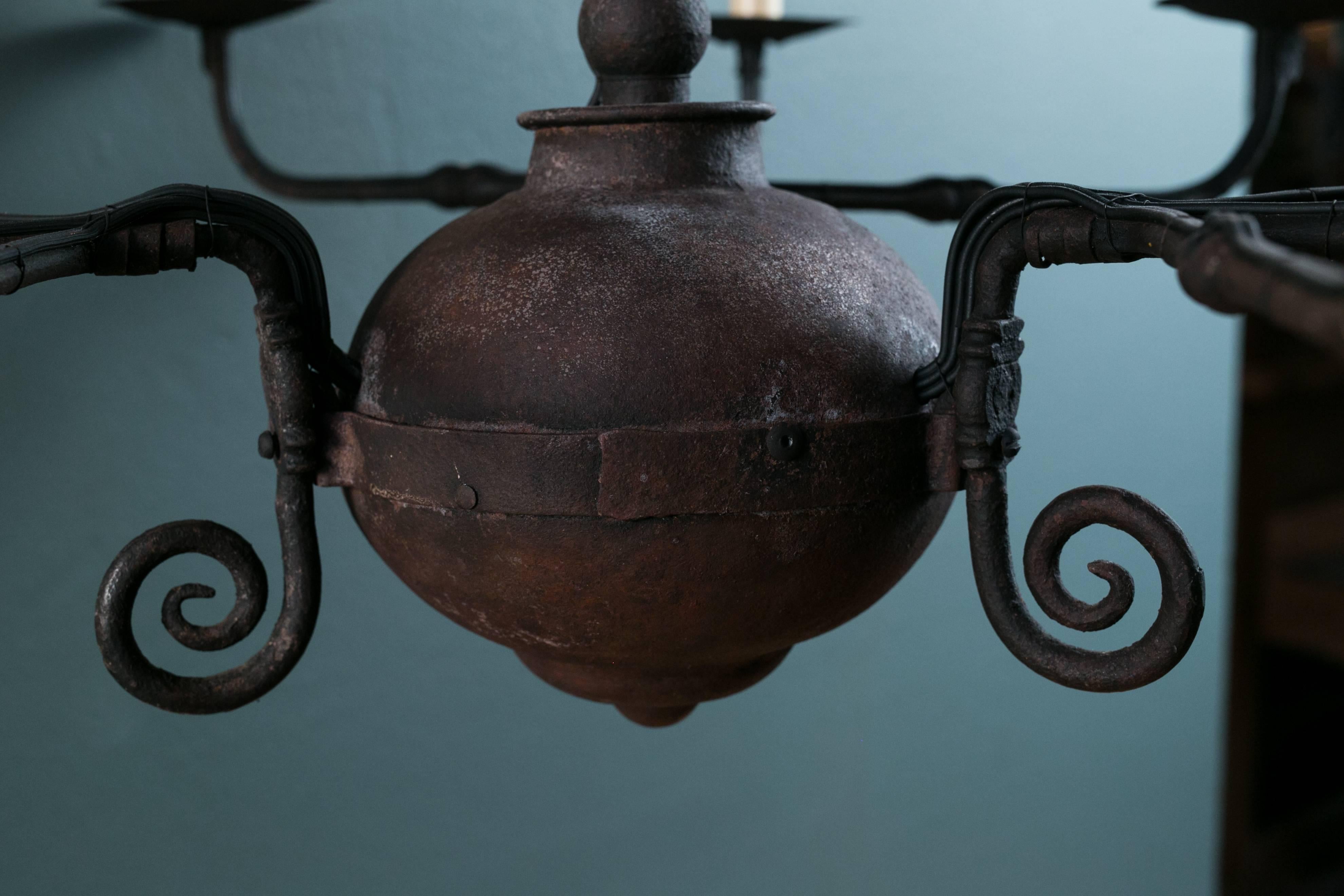 Hand-Forged French Iron Chandelier with Three Arms and Nine Lights, circa 1920 In Excellent Condition In Houston, TX