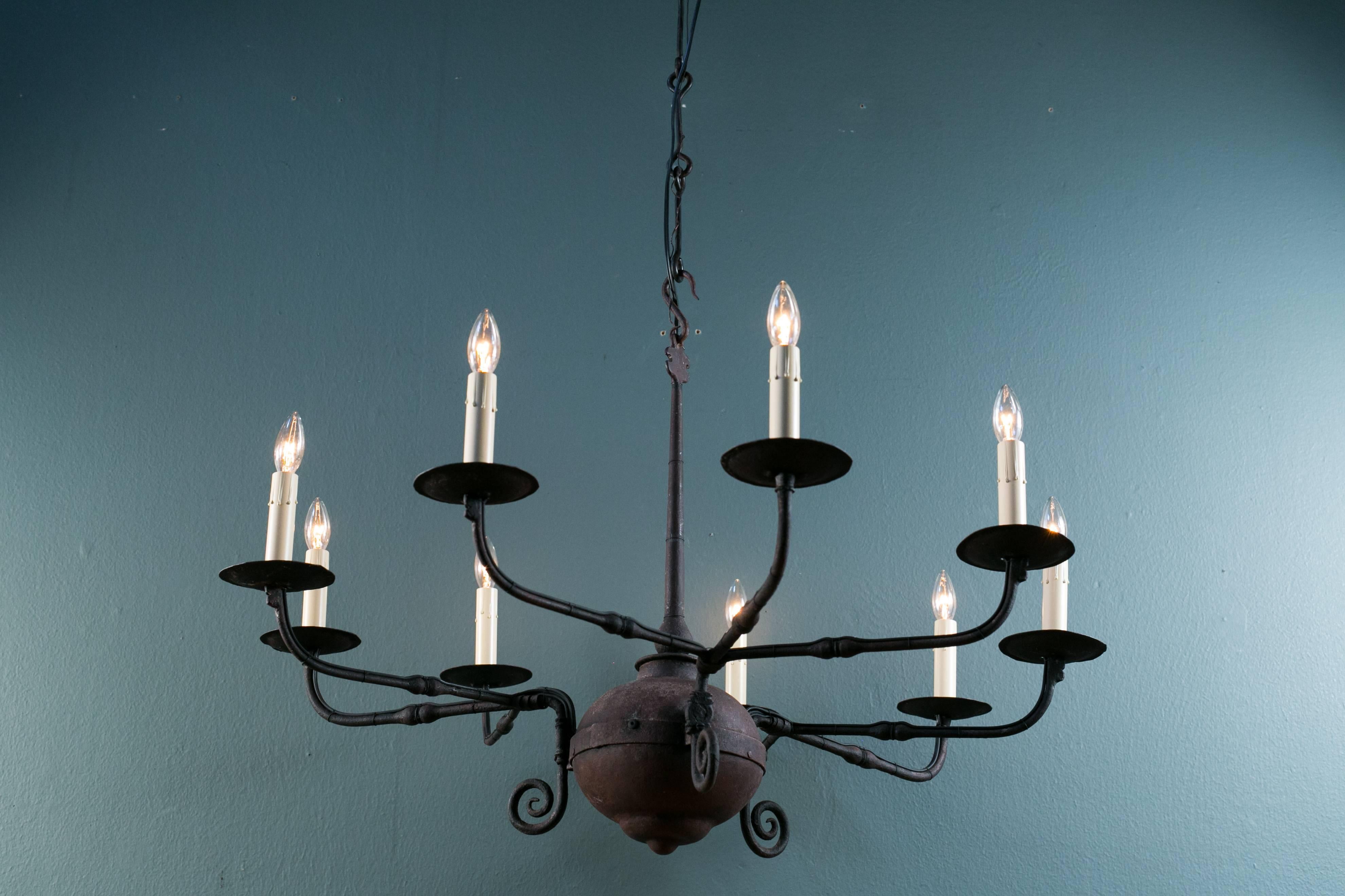 Hand-Forged French Iron Chandelier with Three Arms and Nine Lights, circa 1920 3
