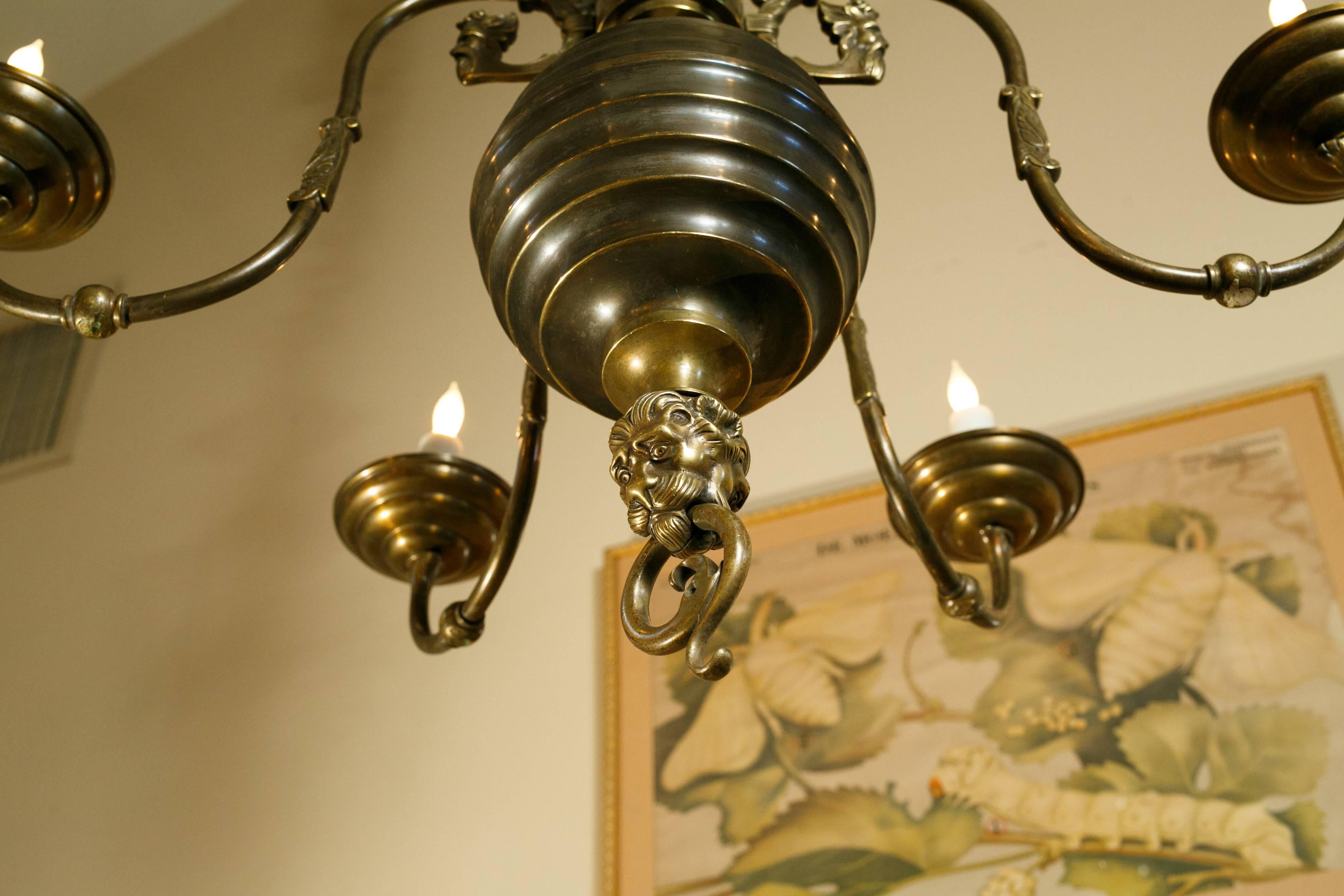 Cast Belgian Bronze Dutch Baroque Chandelier with Lion's Head Final, circa 1900