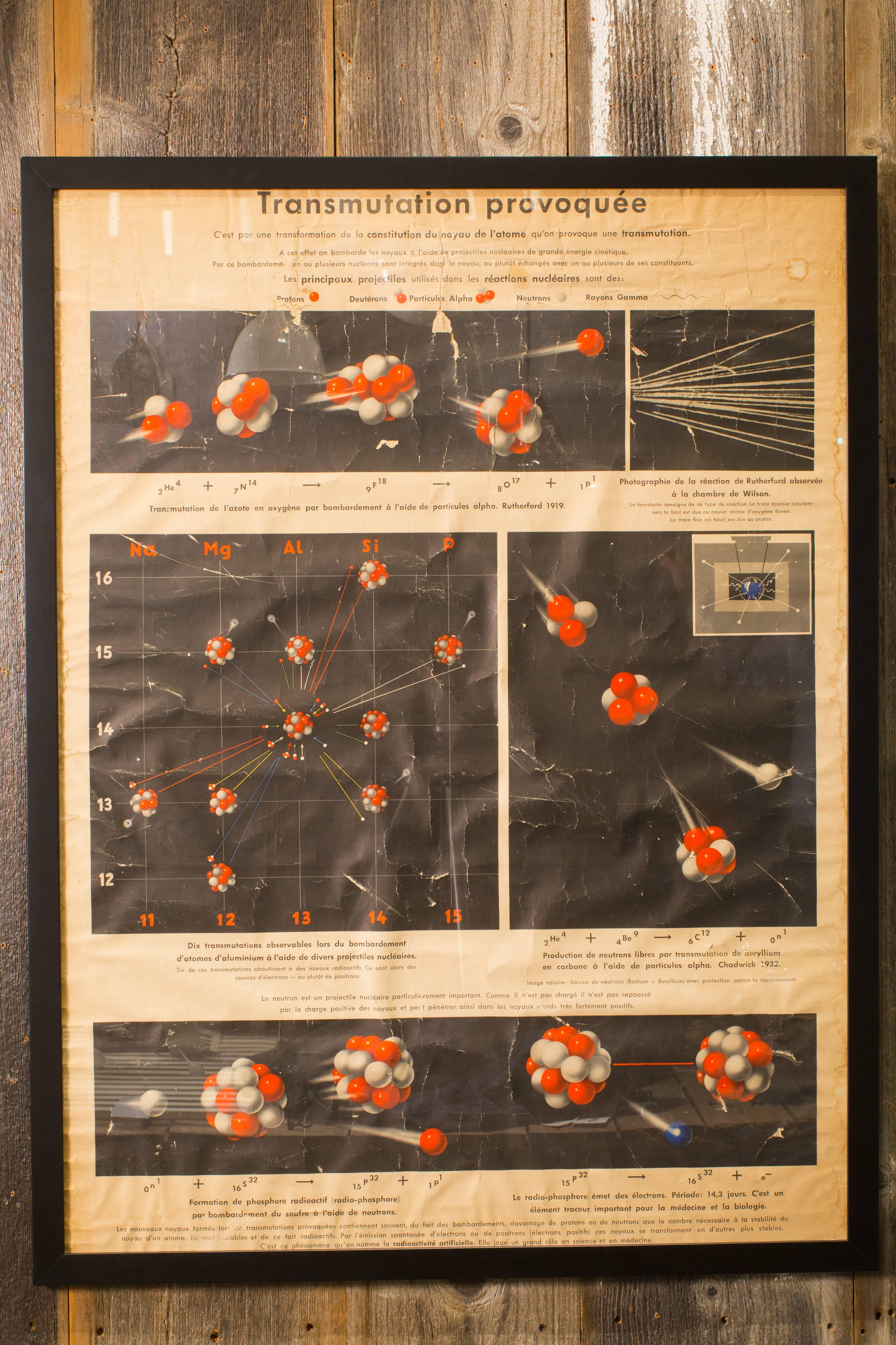 Mid-20th Century Framed Vintage French Chart of Atoms and Nuclear Transmutation circa 1950