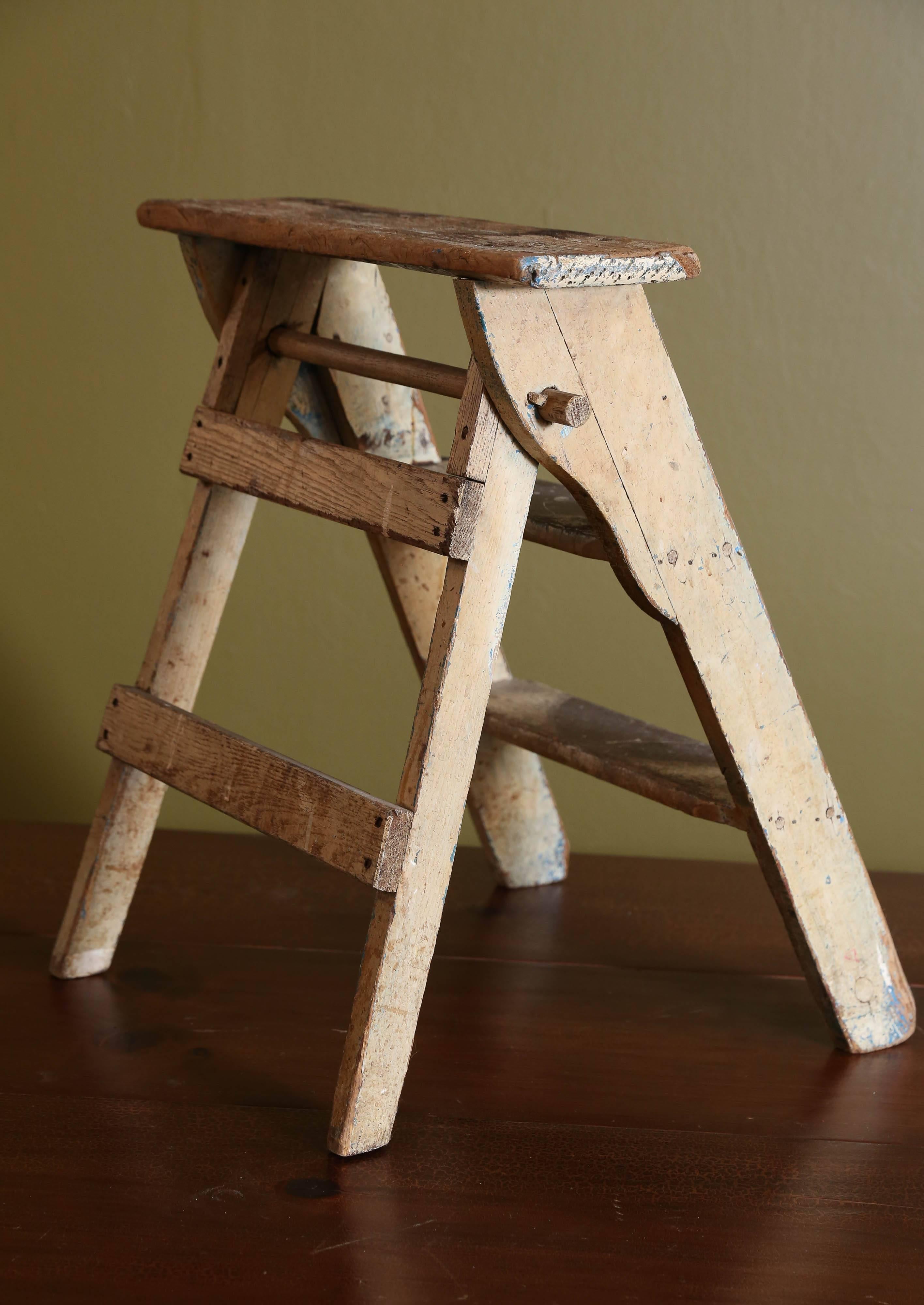 Industrial Painted Wood Folding Step Ladder from Belgium, circa 1920