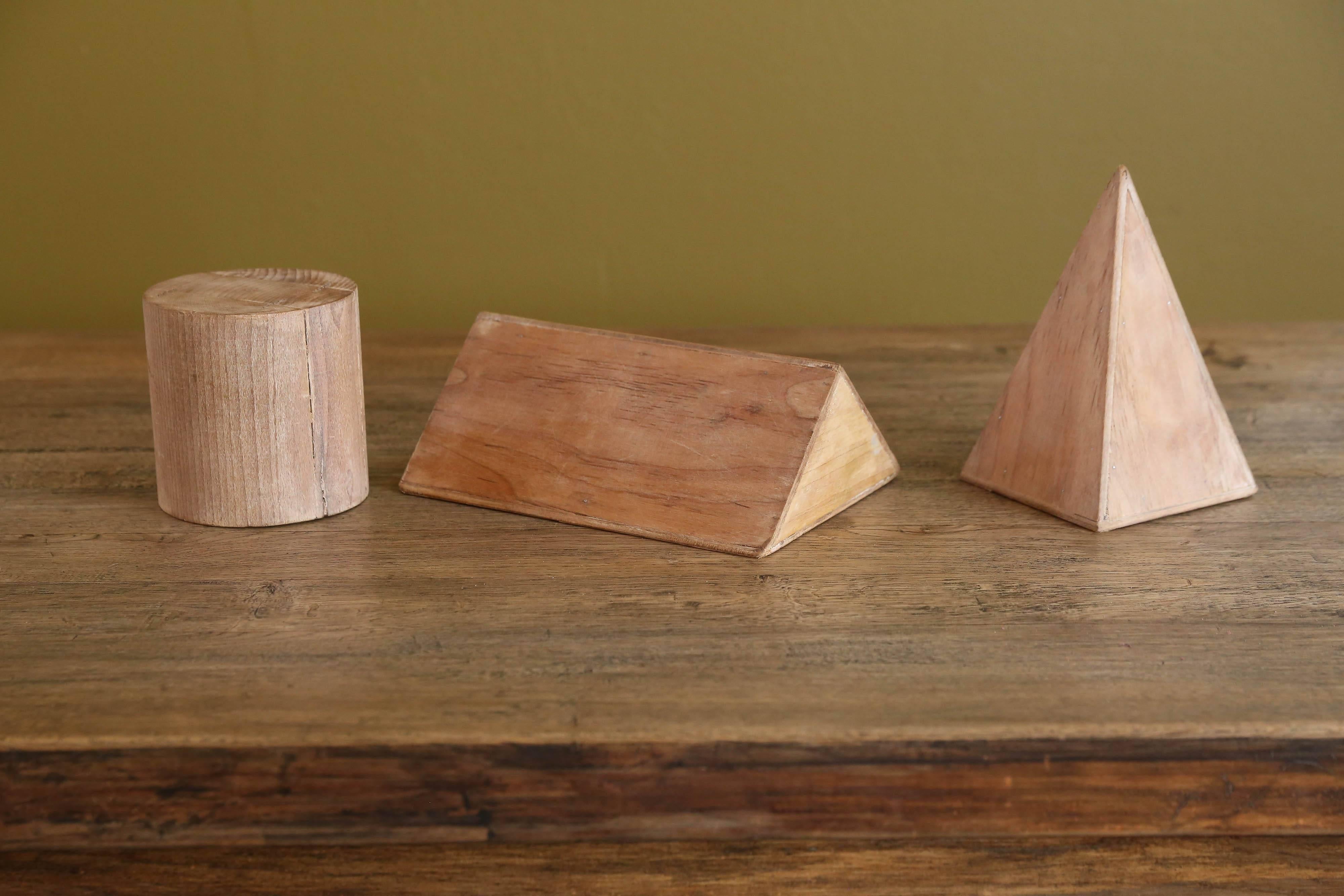 Set of Three Handcrafted Wood Geometric Teaching Forms from Belgium, circa 1920 In Good Condition In Houston, TX