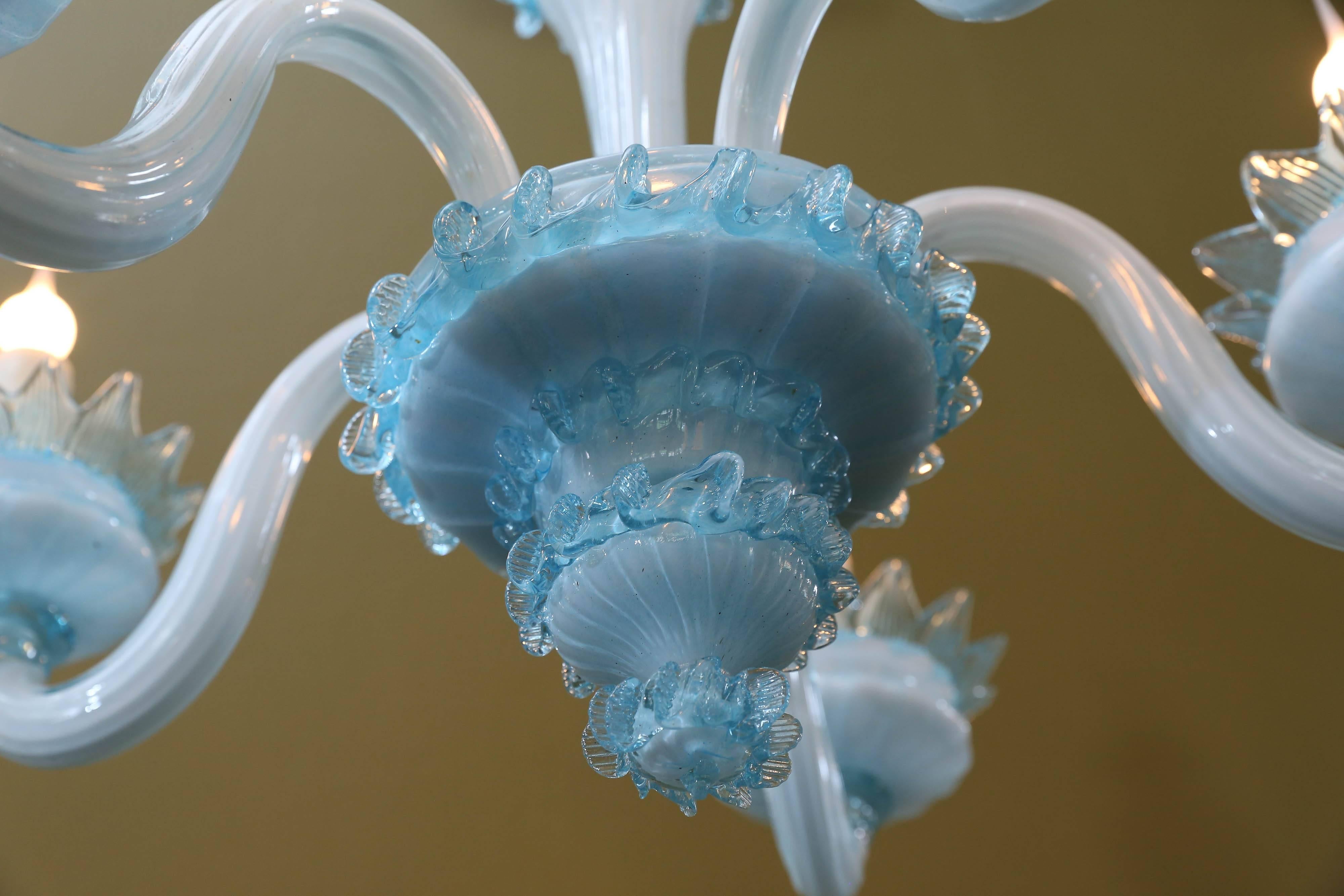 Hollywood Regency Handblown Blue Murano Glass Chandelier with Five Arms