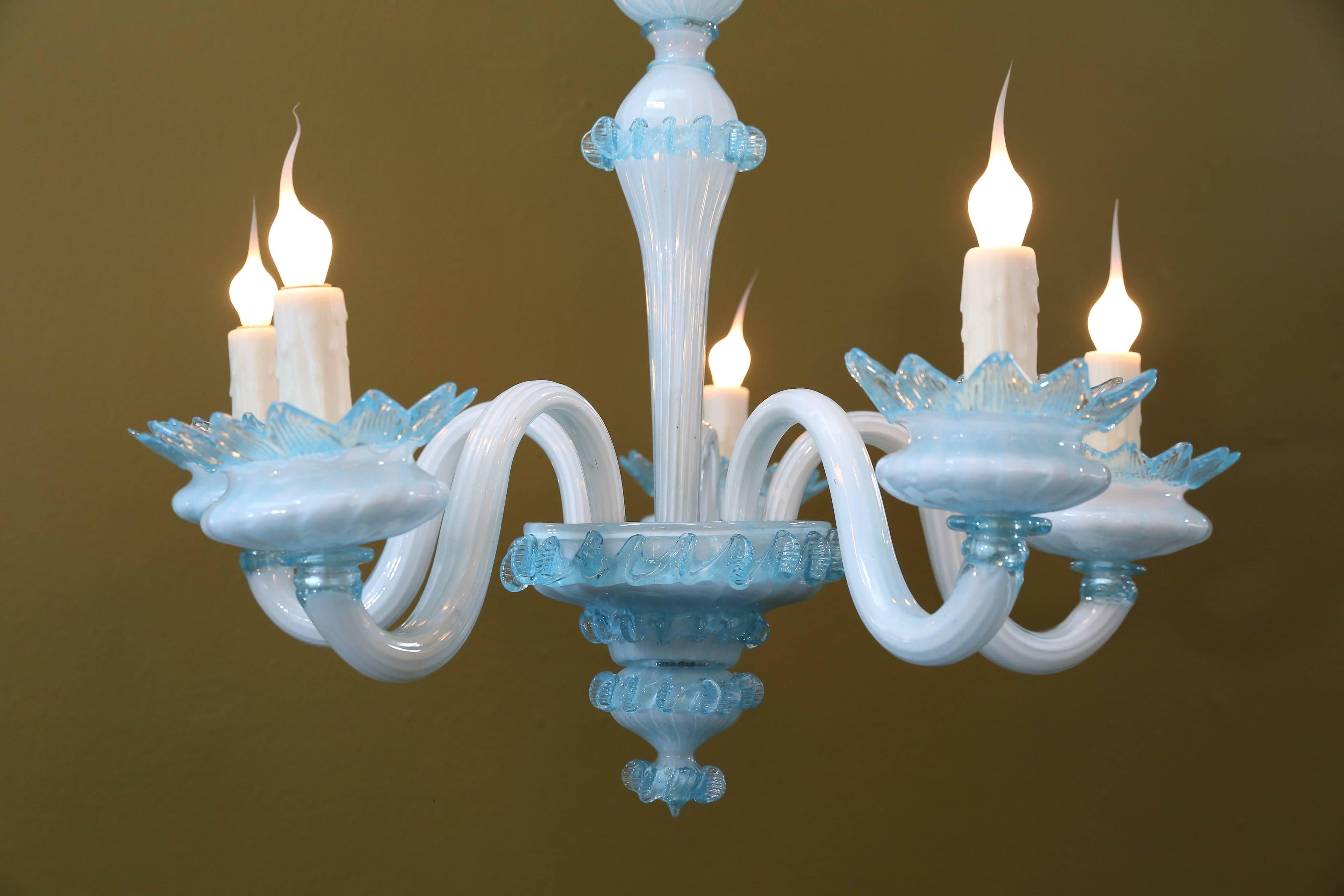 Italian Handblown Blue Murano Glass Chandelier with Five Arms