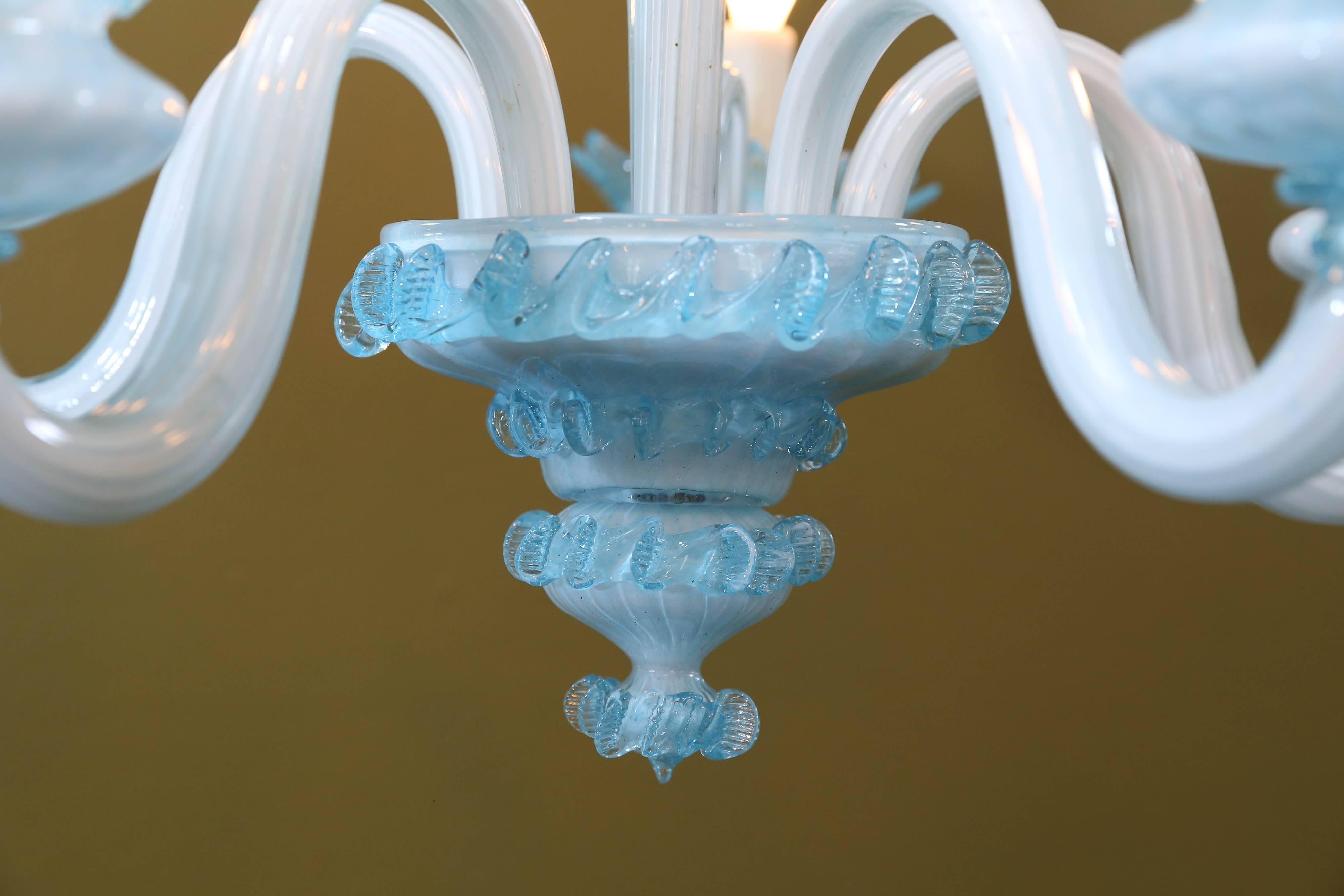 Handblown Blue Murano Glass Chandelier with Five Arms In Good Condition In Houston, TX