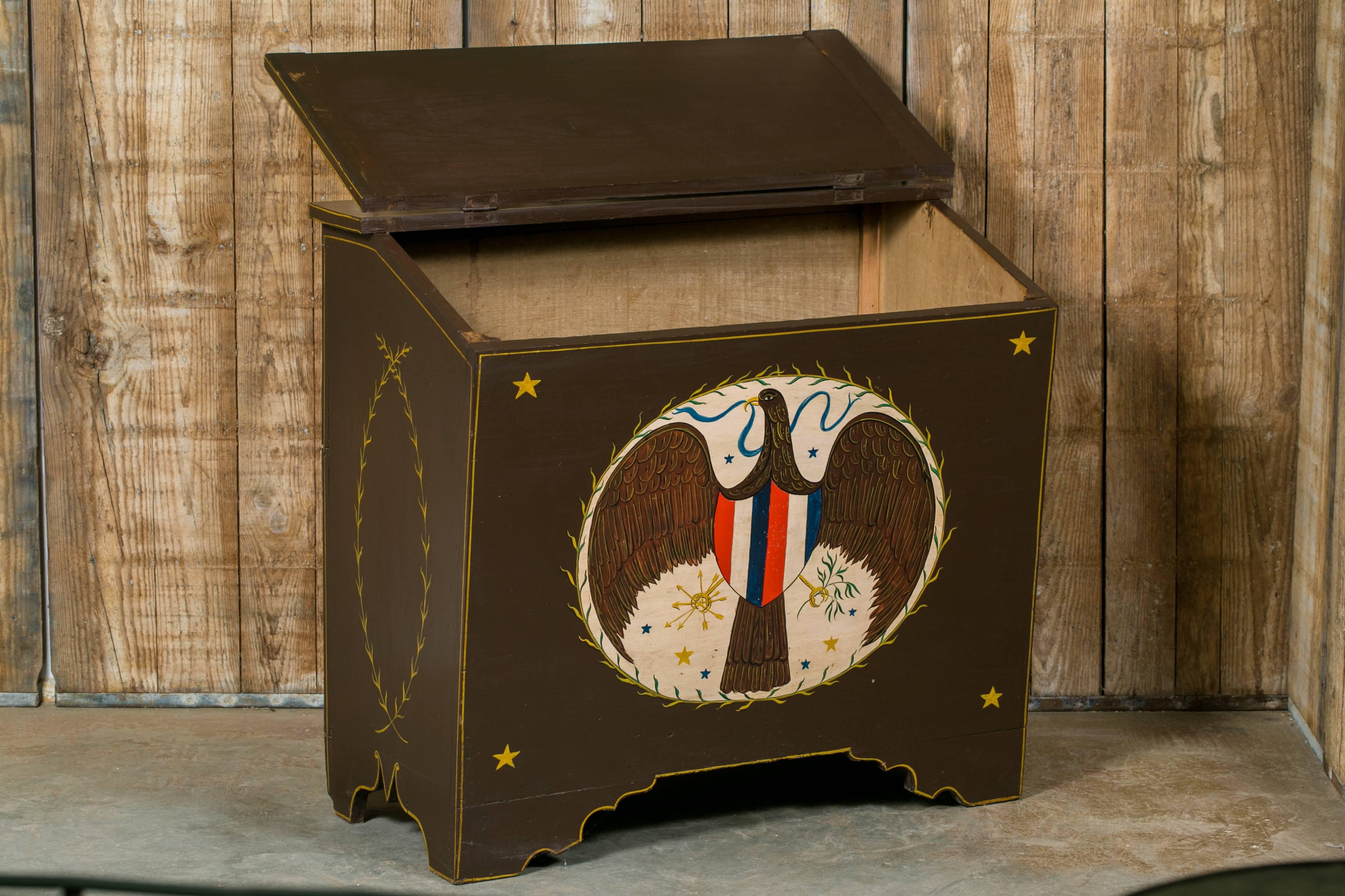 American Colonial Antique Americana Blanket Chest, circa 1900, Hand-Painted by Lew Hudnall