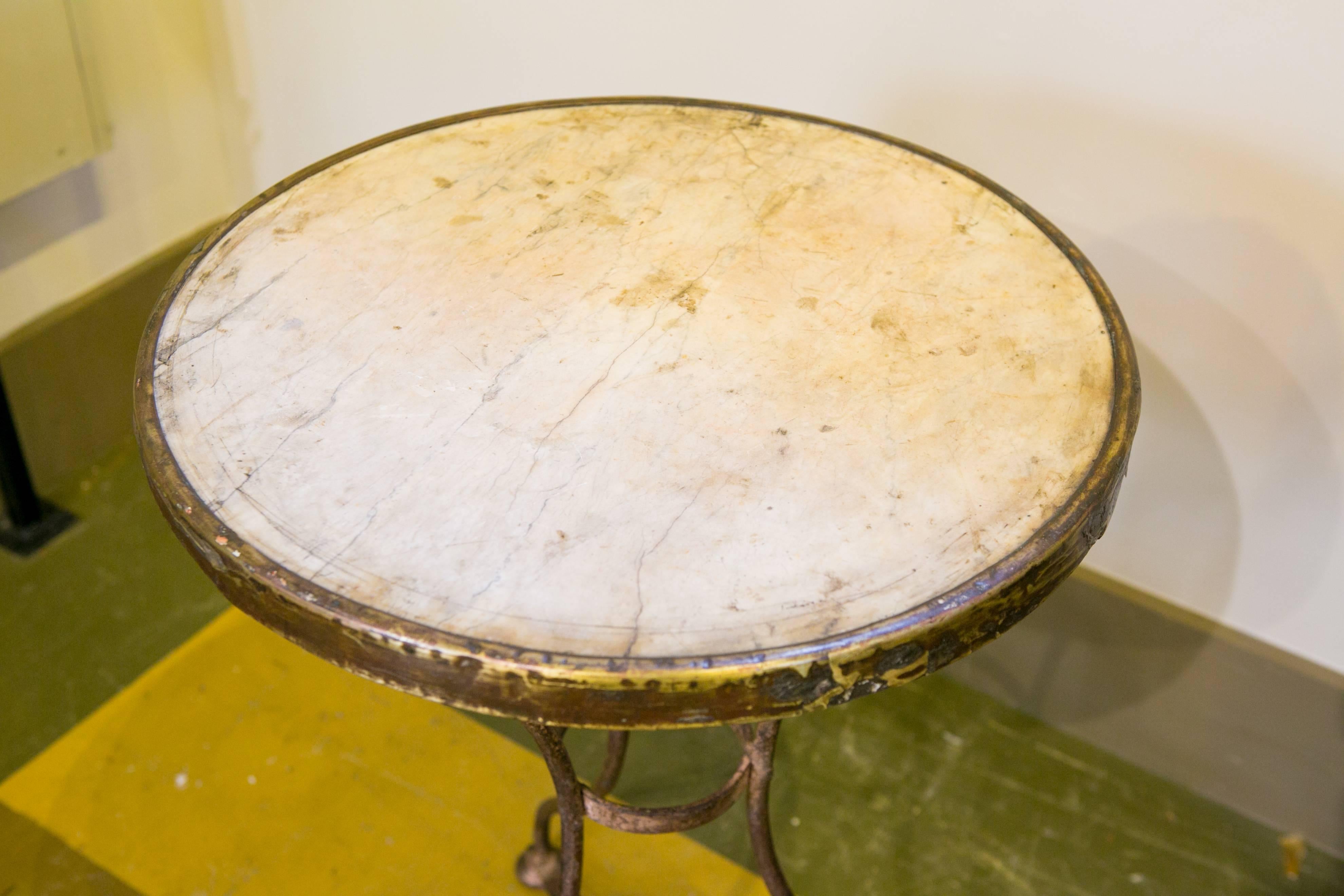 Belle Époque Marble-Top French Iron Bistro Table with Brass Band, circa 1910