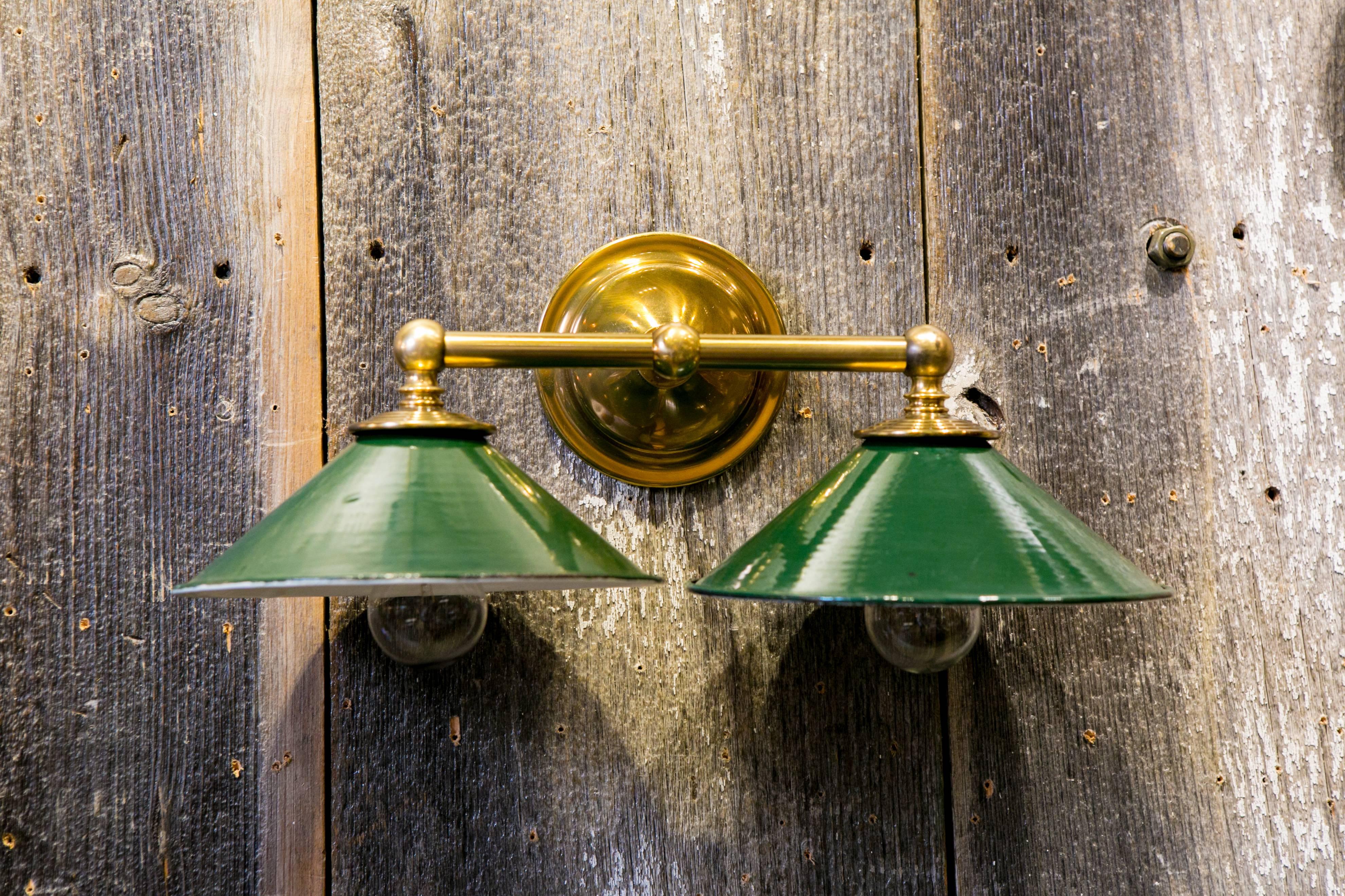 Industrial Brass Wall Sconce with Green Enamel Downward Facing Shades, circa 1920