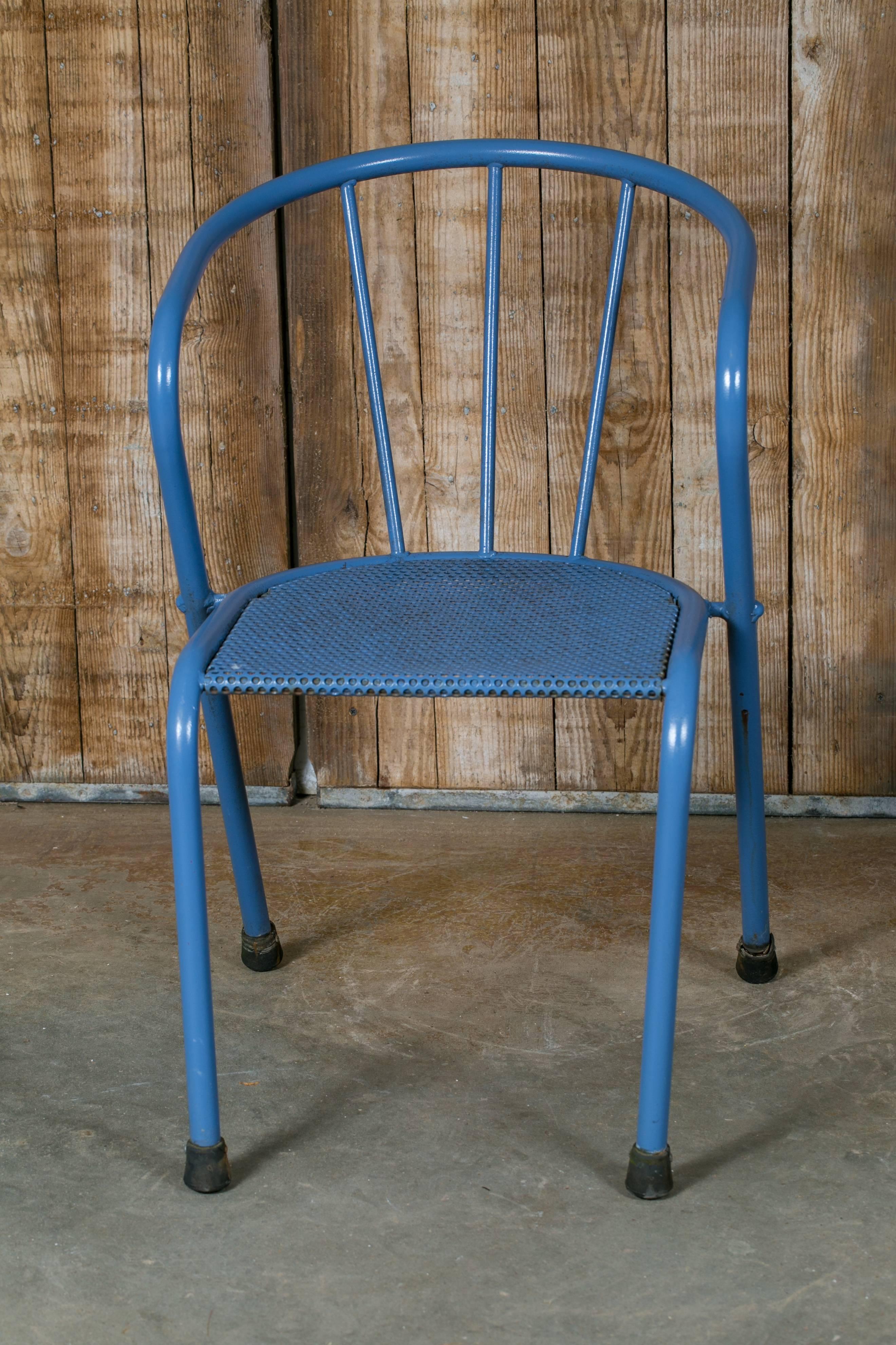 Art Deco Set of Six Blue Metal Side Chairs from France, circa 1940