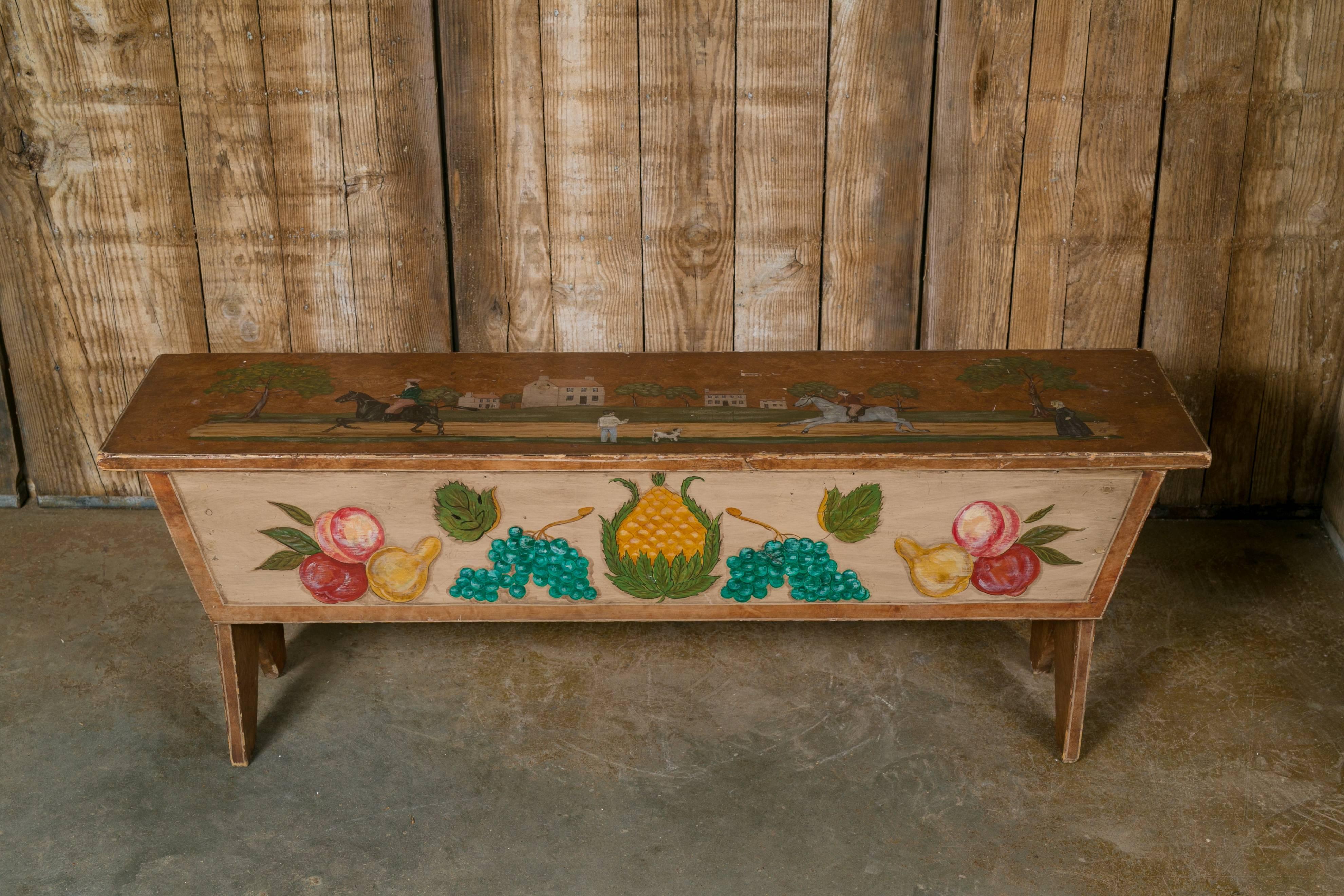 American Colonial Antique Wooden Bench Hand-Painted by Artist Lew Hudnall, circa 1890