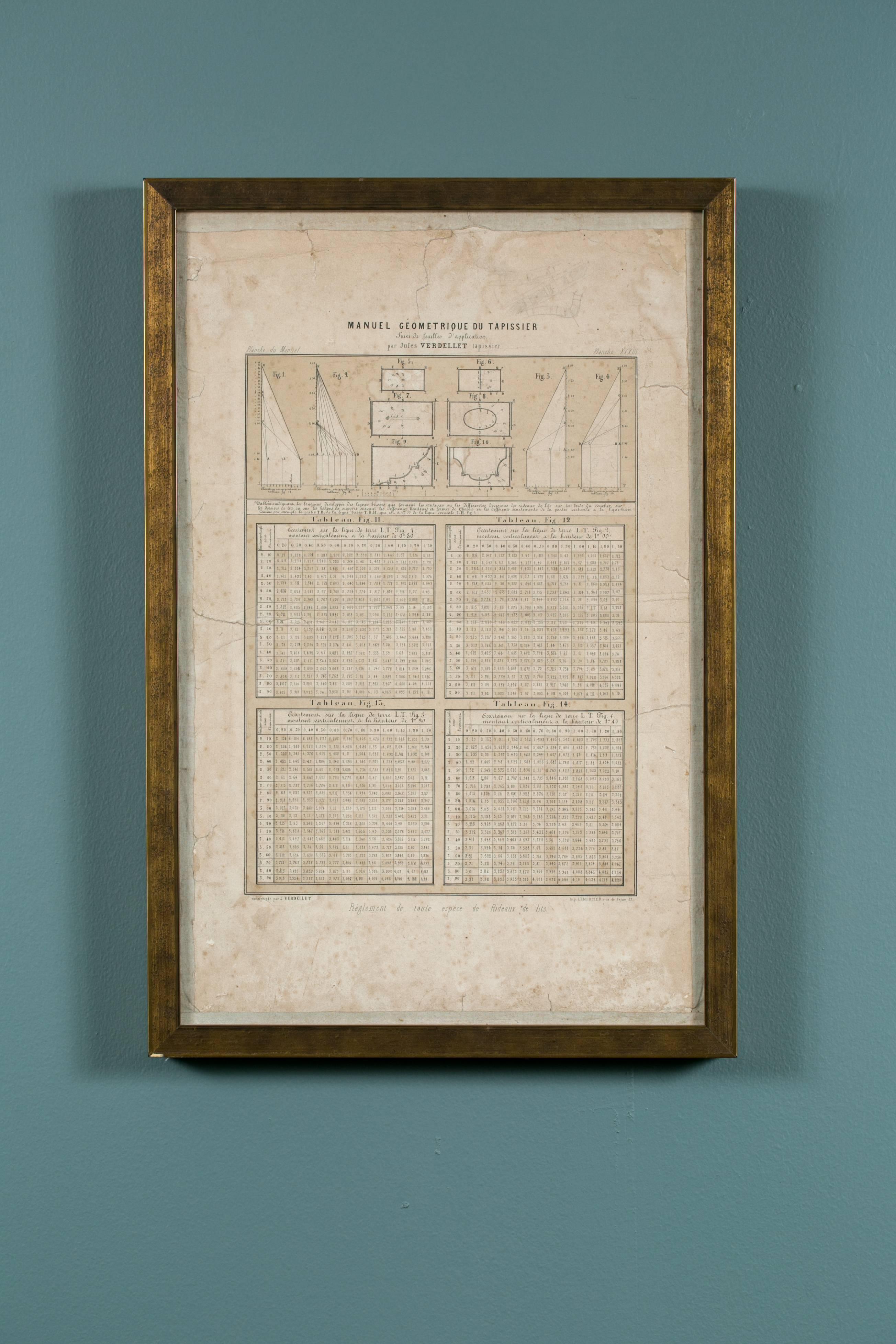 Antique French pattern making charts from Paris, newly framed. Two pages from Jules Verdellet’s Manuel Géométrique du tapissier (1851). This book was an invaluable resource to drapery workrooms throughout the mid to late 19th century, being