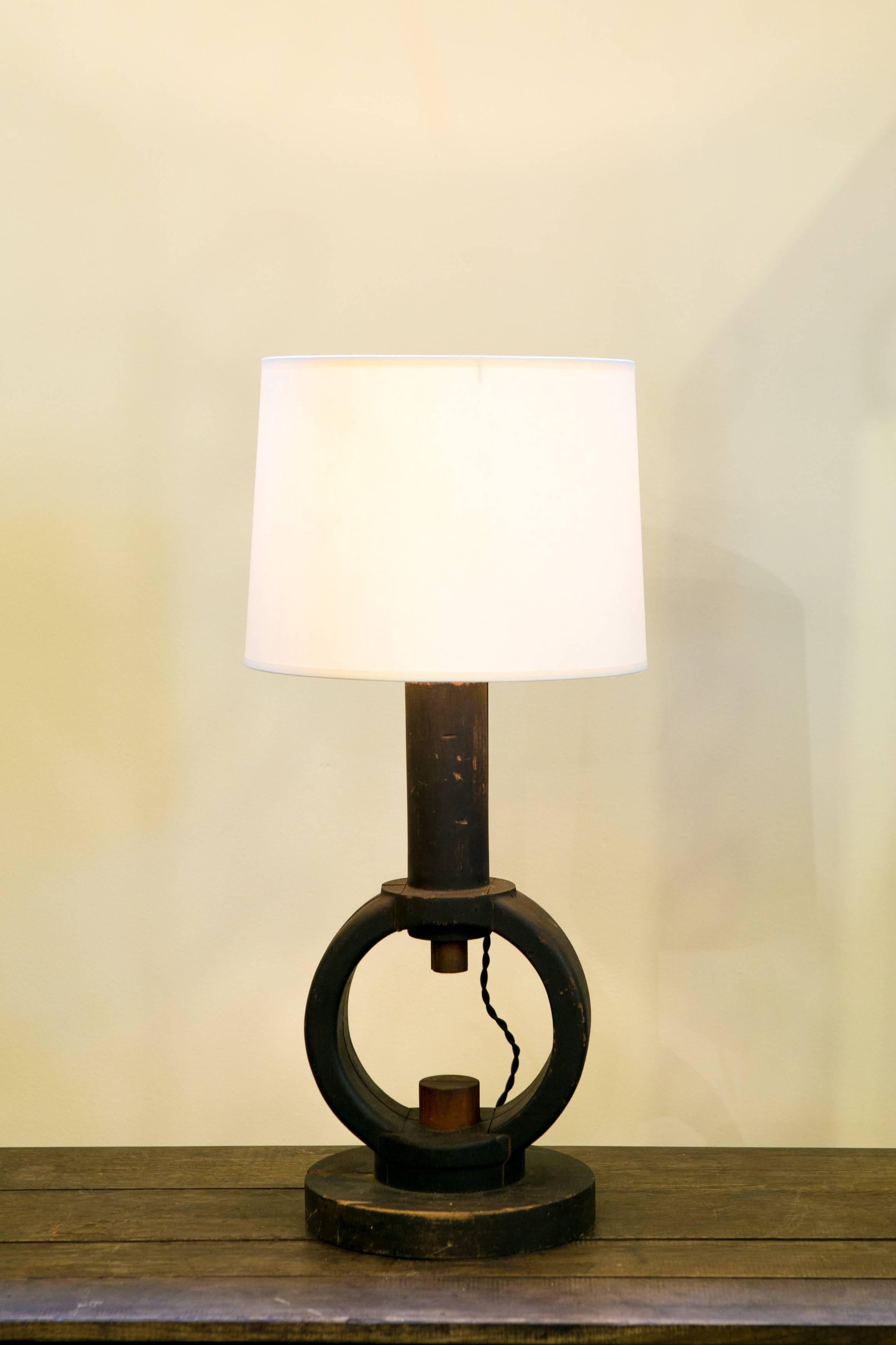 One of a Kind Black Wooden Table Lamp with Shade In Good Condition In Houston, TX