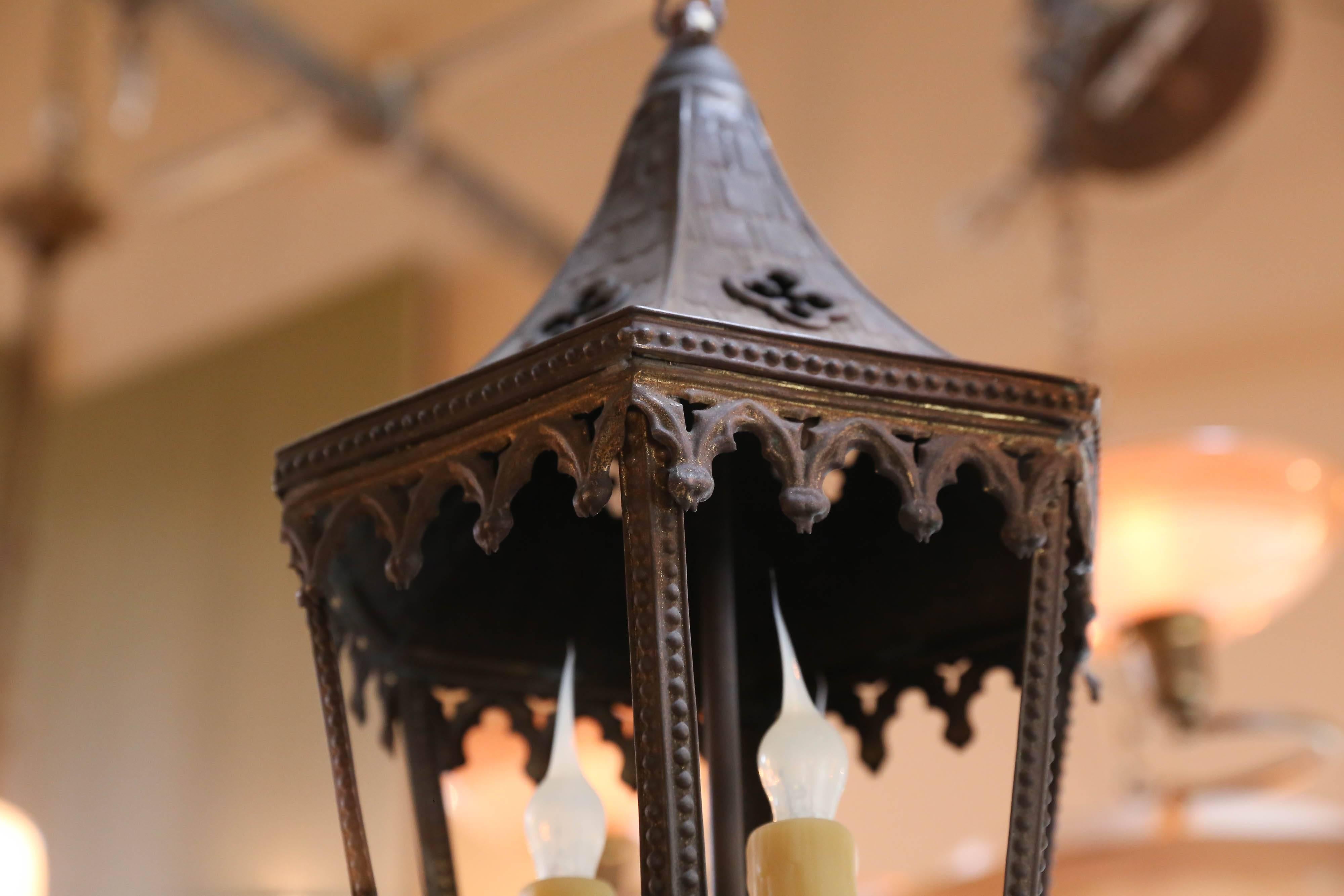 Near-Pair Brass Gothic Revival Lanterns from France, circa 1900 In Excellent Condition In Houston, TX