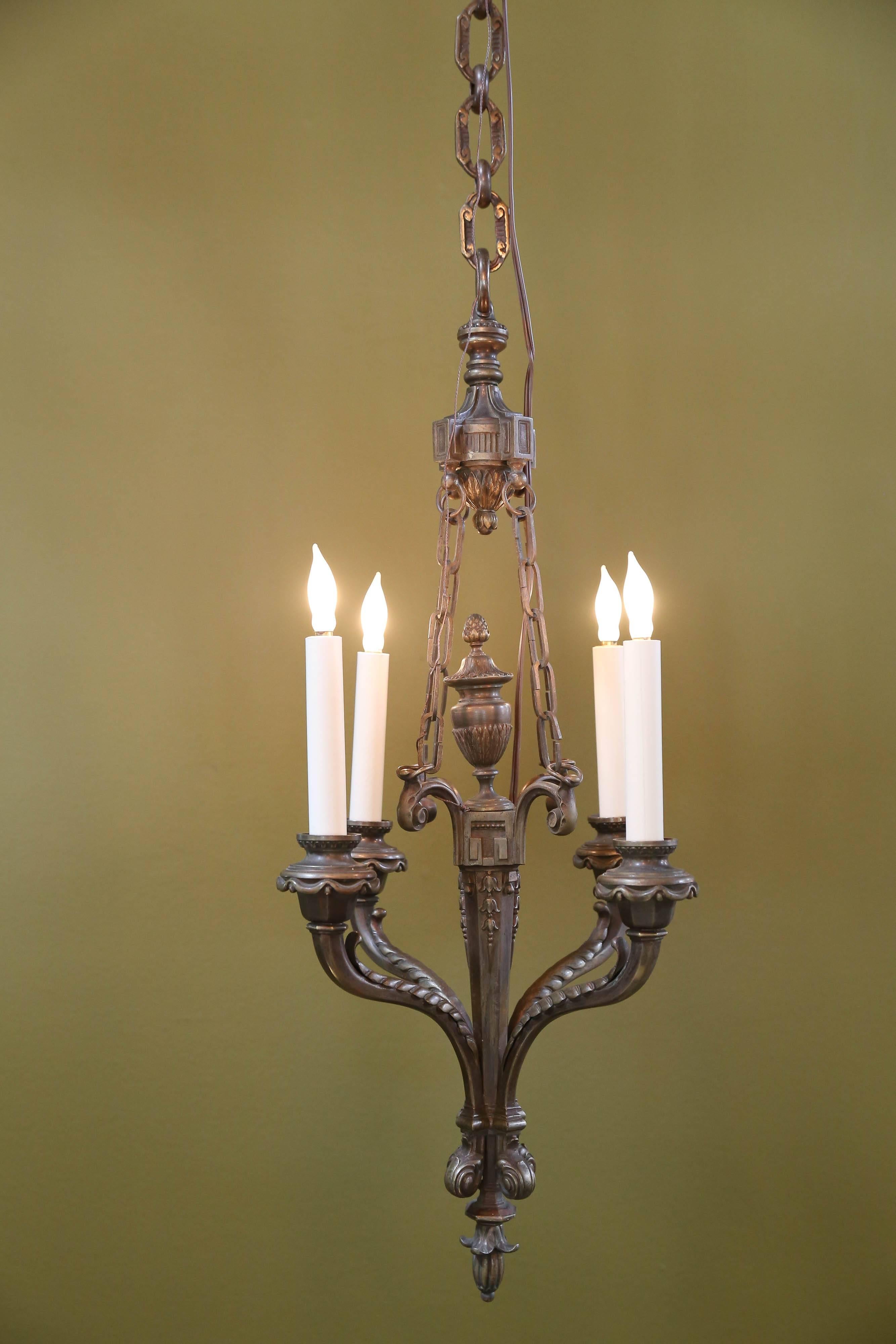 French Empire-Style Bronze Chandelier with Urn Finial and Four Arms, circa 1890 4