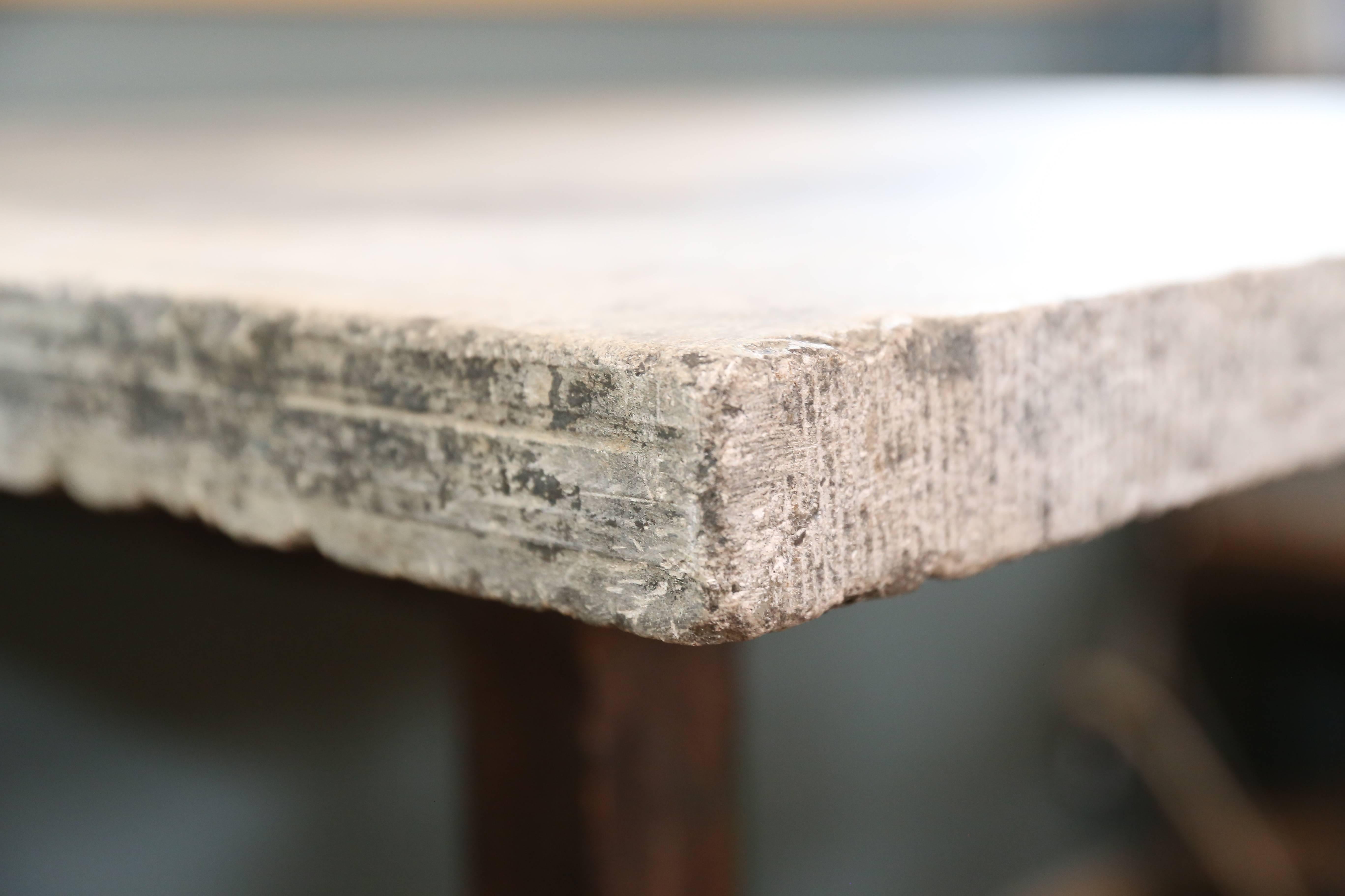 Painted green wood base with heavy grey bluestone top from Belgium, circa 1940. Great size and height for a small kitchen island or work table. Features a wooden shelf below the top, at the base of the table. All original paint.