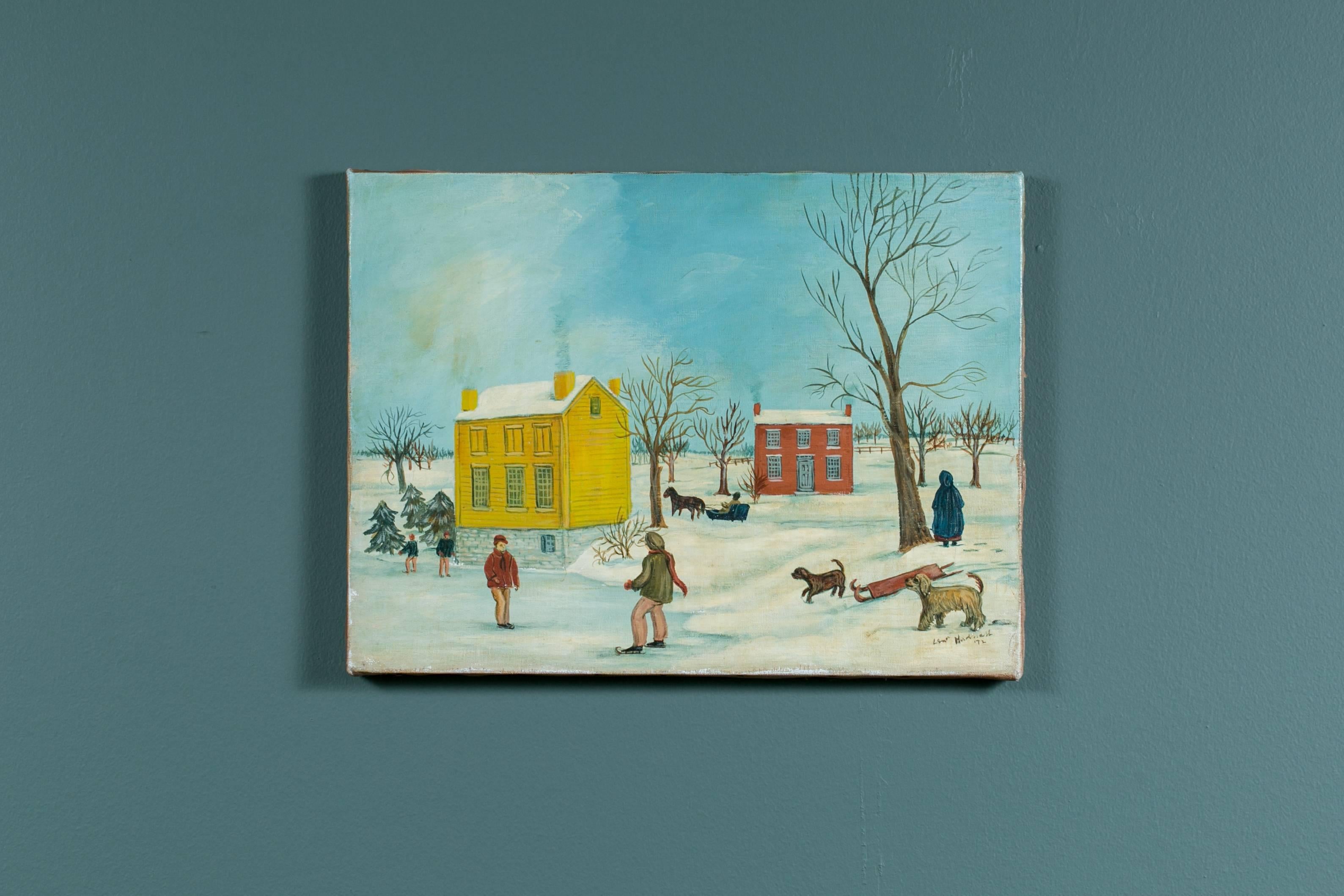 Hand-Painted Original Snow Scene Painting on Canvas by American Folk Artist Lew Hudnall