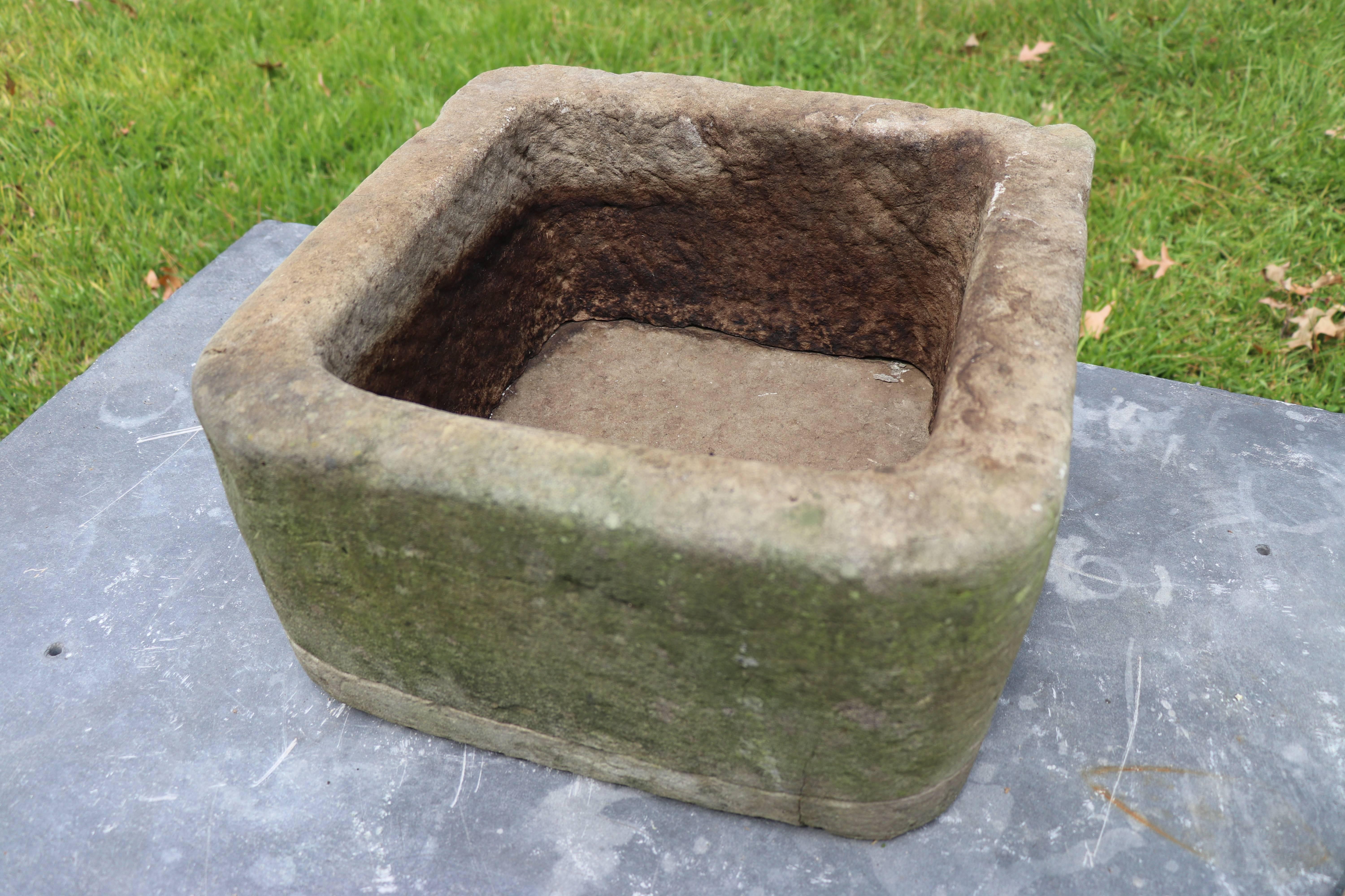 Heavy, mid-century solid hand-cut bluestone trough from Belgium. Top sits on a flat, detachable base. Great size and perfect proportion.
