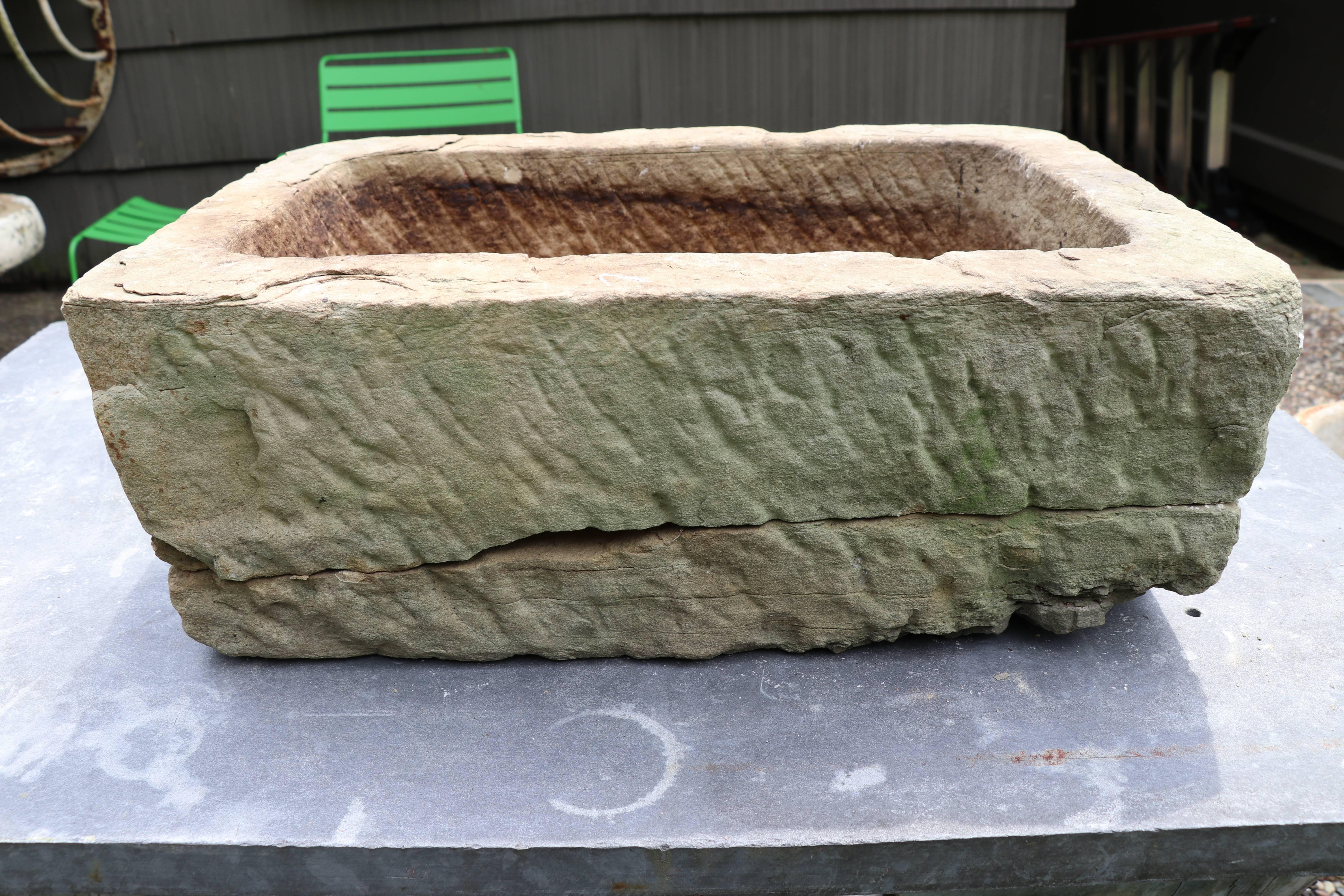 Rustic Hand-Carved Belgian Bluestone Trough, in Two Pieces, Circa 1900