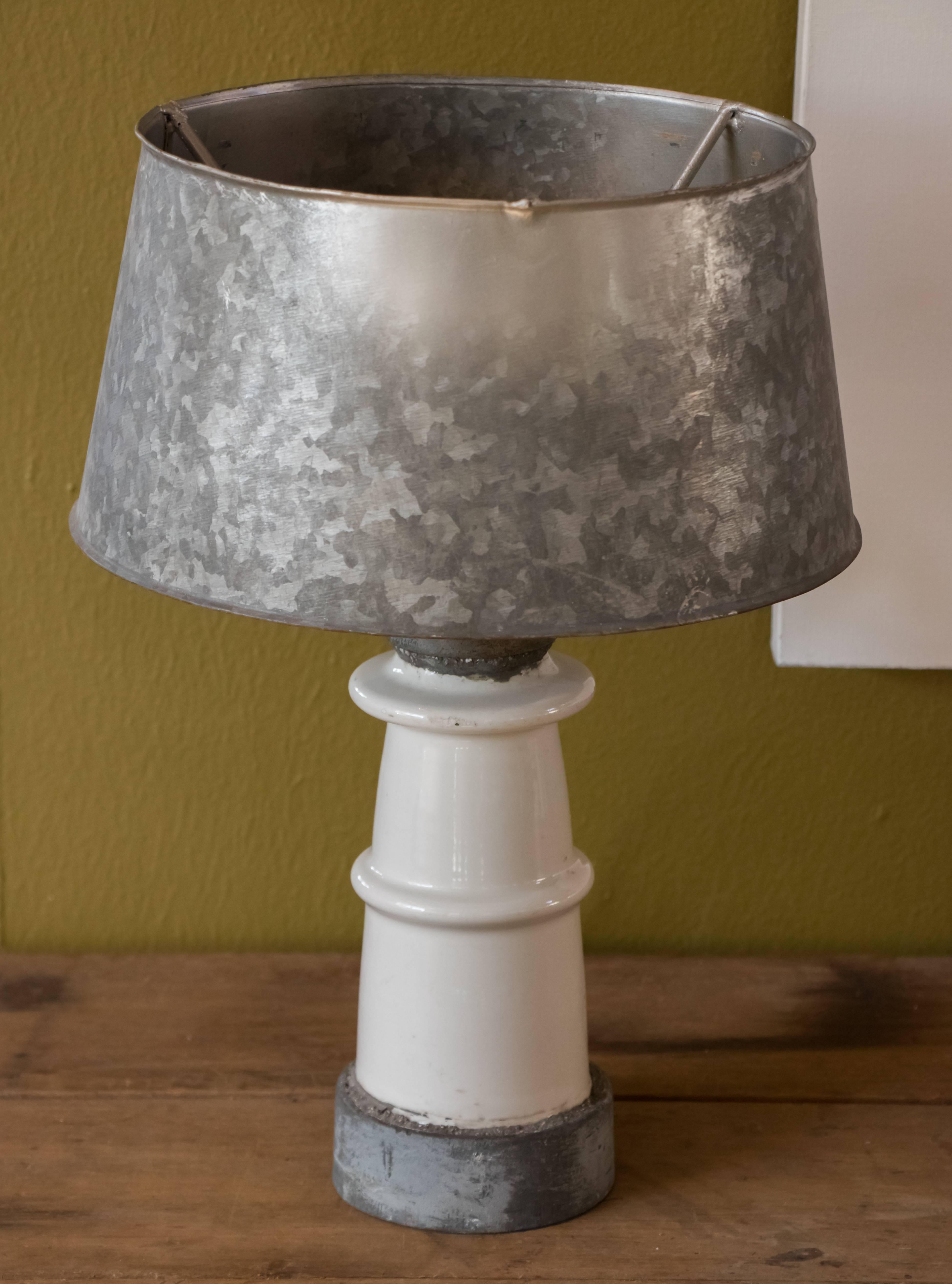 One of a kind pair of heavy glazed white ceramic table lamps with grey galvanized bases and shades. Newly French wired for use in the USA from vintage parts with all UL listed wiring components. Phenolic sockets and brown cotton twist cord with felt
