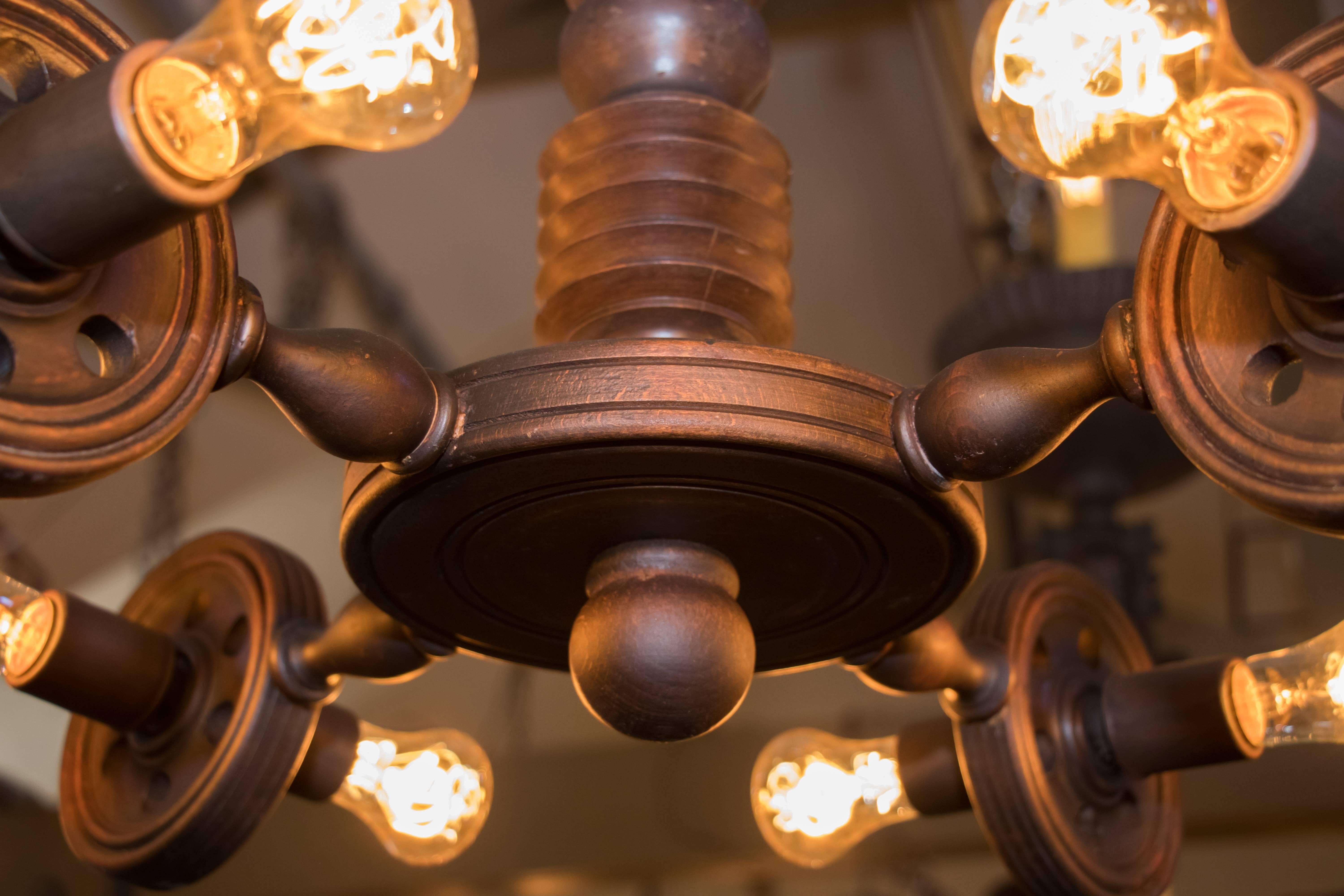Arts and Crafts Belgian Quirky Wood Chandelier, Circa 1930 with Industrial feel and Edison bulbs