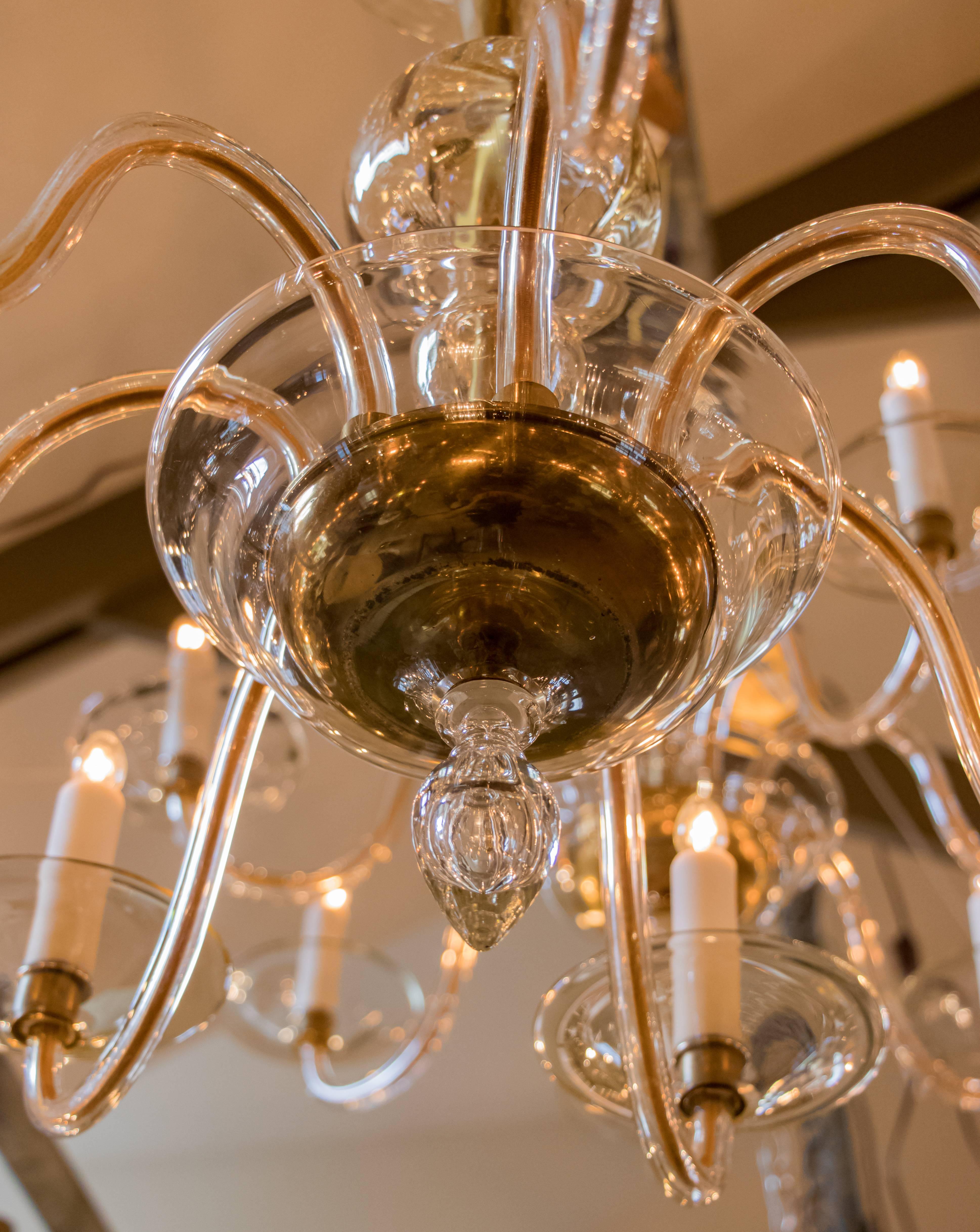 Streamlined Moderne Pair Hand-Blown Italian Murano Glass Chandeliers in the 