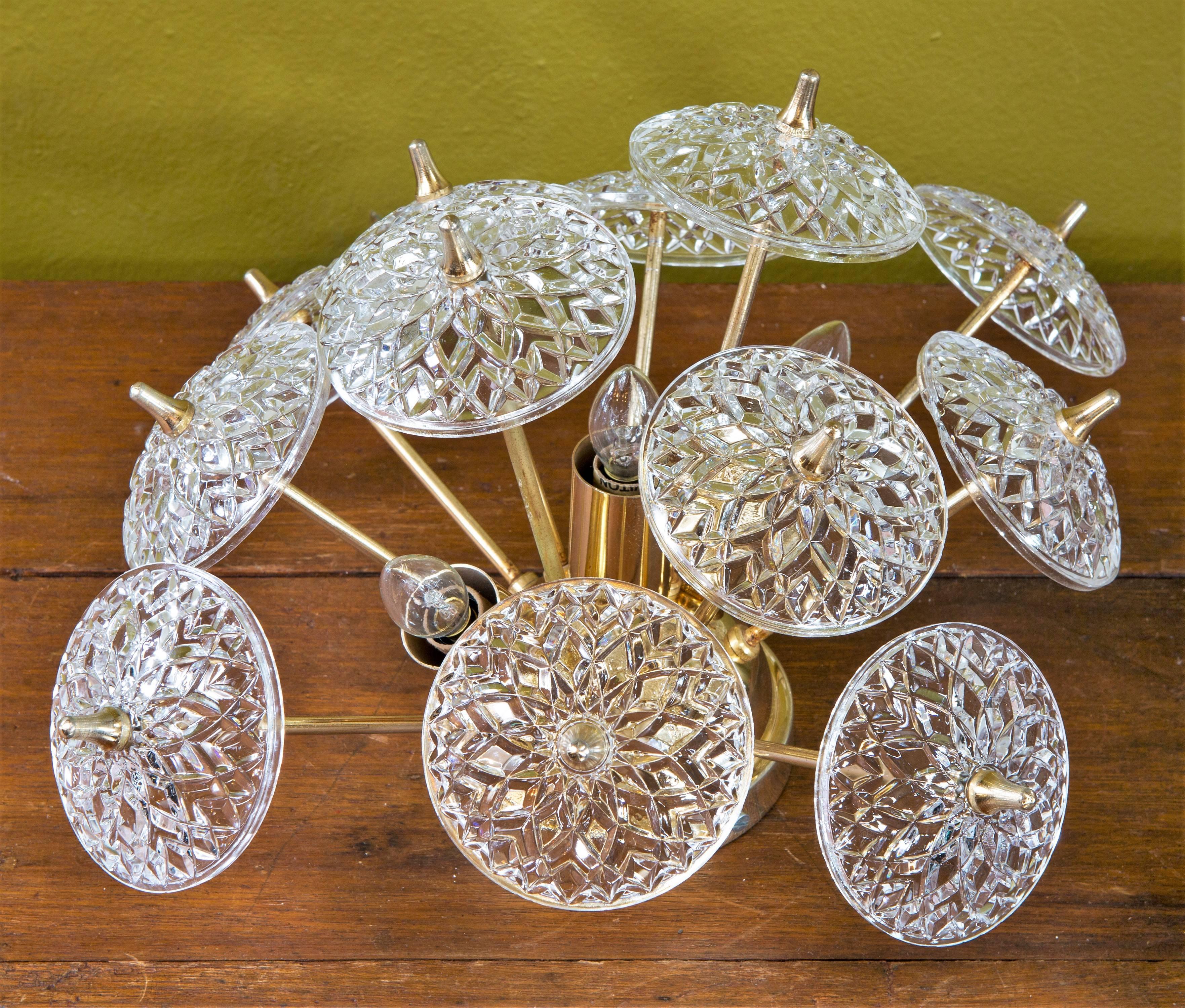 Vintage 1960s Belgian wall or flush mount light in brass with 12 Val Saint Lambert crystal discs. Newly wired with all UL listed parts and three candelabra sockets, per fixture. Measurement listed is for one light. We also have a single, identical