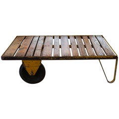 Vintage Belgian Industrial Wood and Iron Rolling Cart or Coffee Table