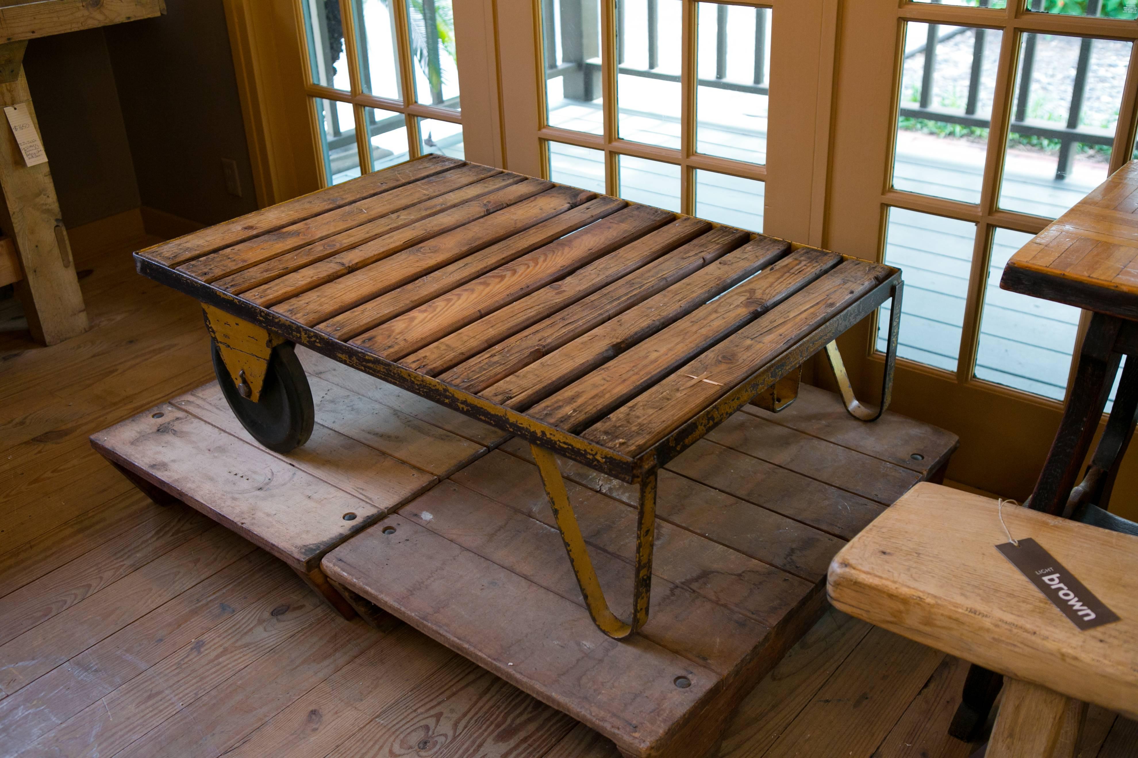 Painted Vintage Belgian Industrial Wood and Iron Rolling Cart or Coffee Table