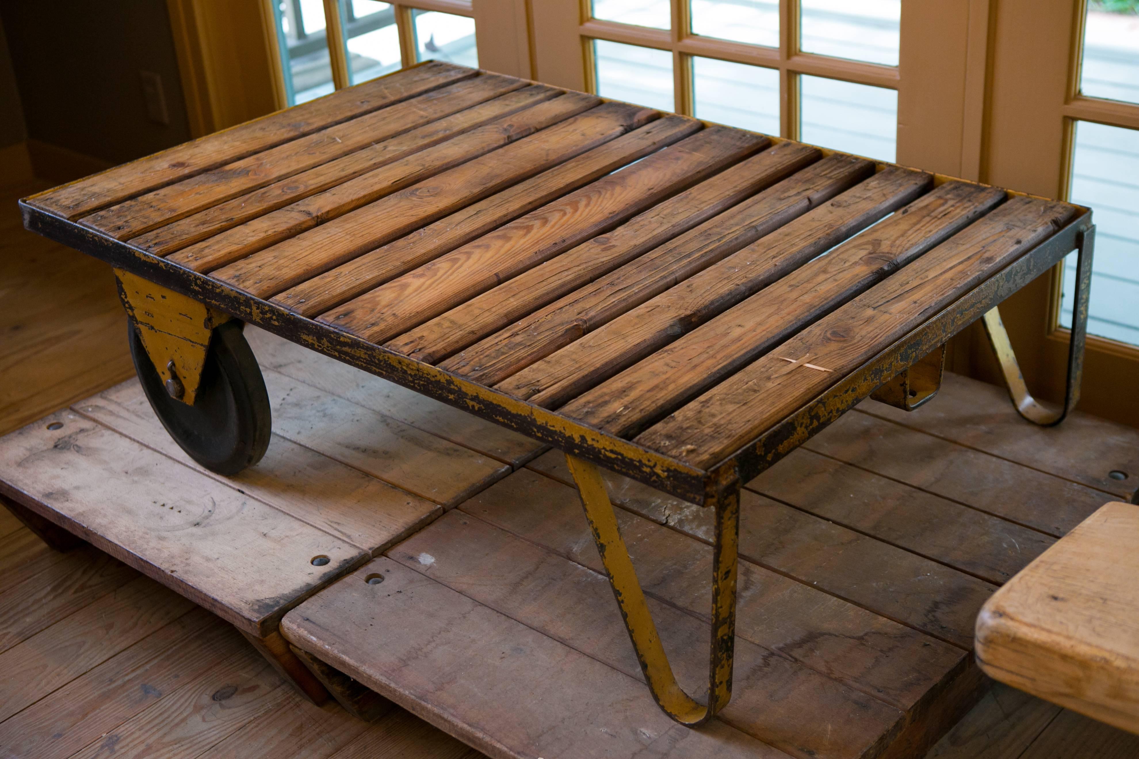 Vintage Belgian Industrial Wood and Iron Rolling Cart or Coffee Table In Excellent Condition In Houston, TX