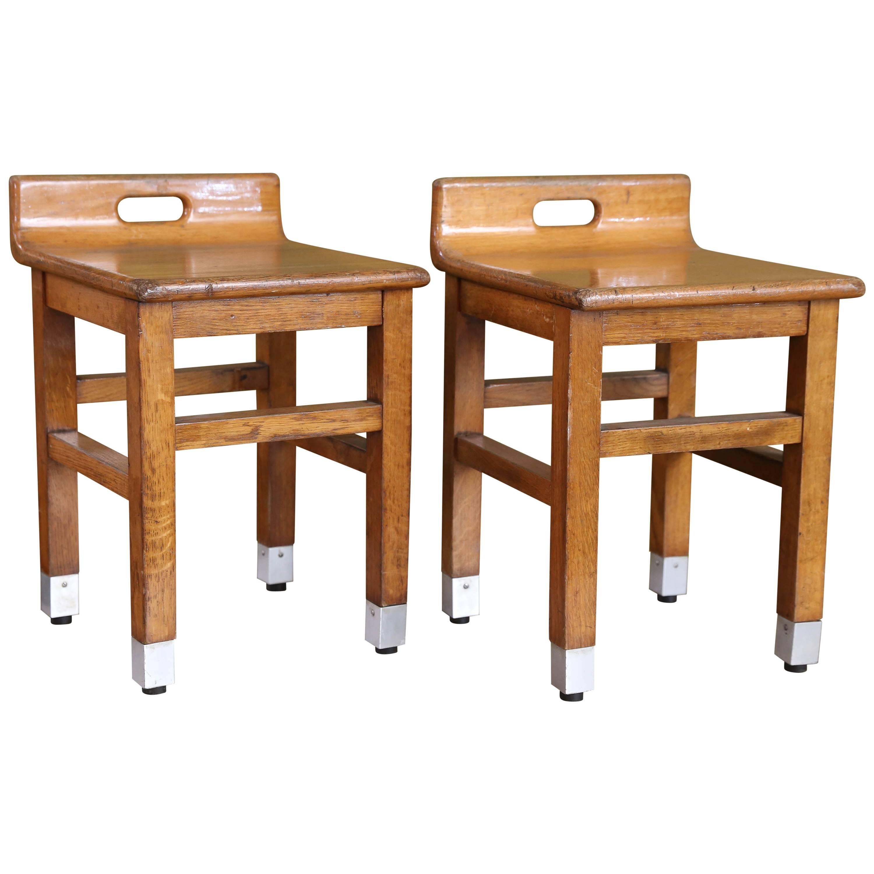 Pair of Belgian 1960s Mid-Century Modern Low Oak Chairs with Metal Feet