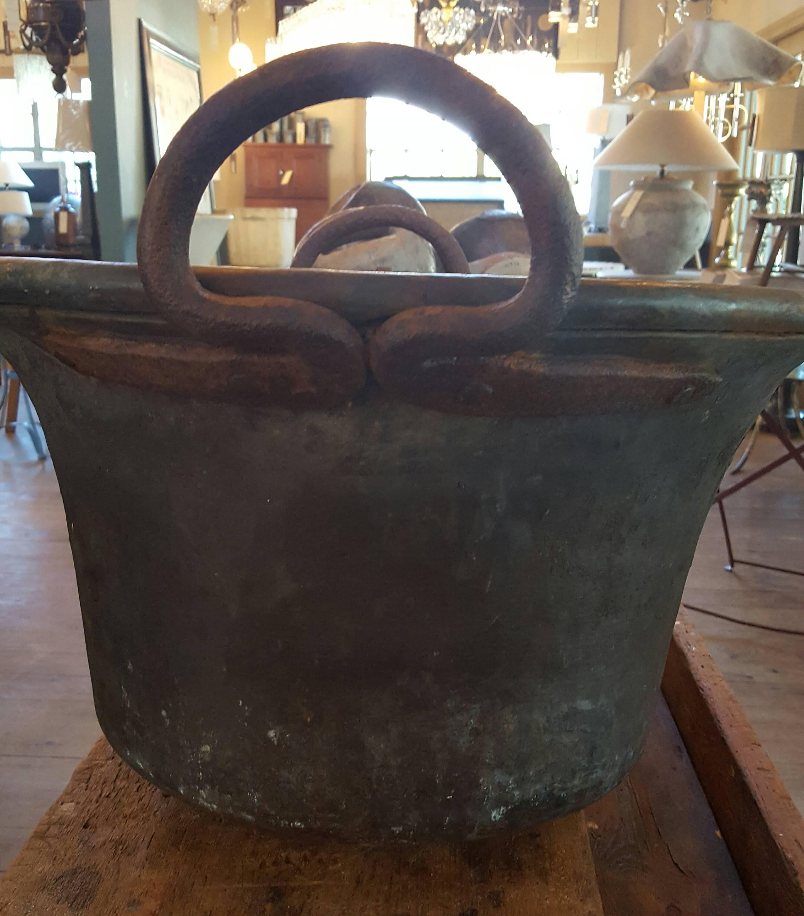 Antique French Copper Vessel with Forged Iron Handles nice for firewood In Good Condition In Houston, TX
