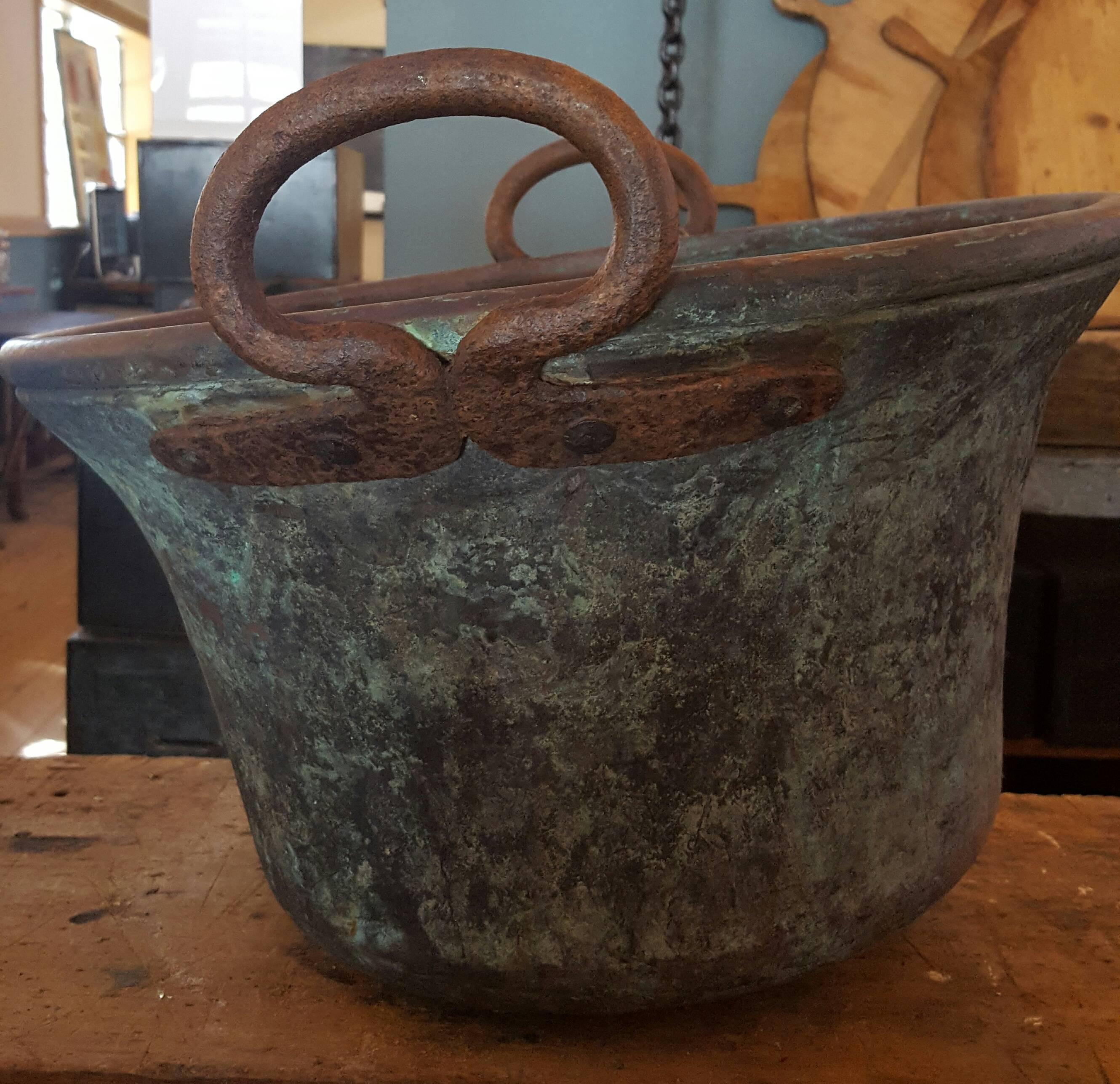 Antique French Copper Vessel with Forged Iron Handles nice for firewood 2
