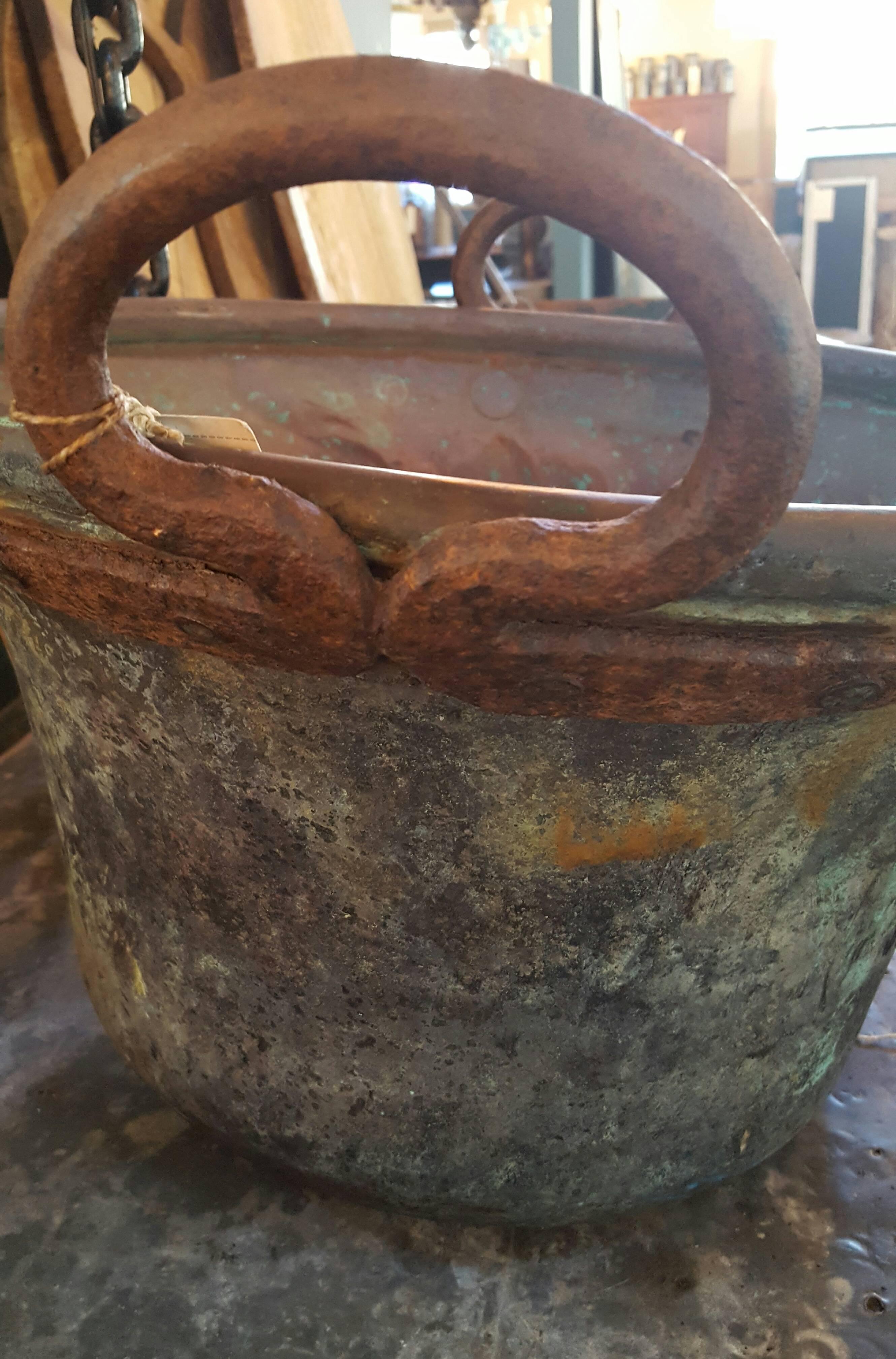 Antique French Copper Vessel with Forged Iron Handles nice for firewood 4