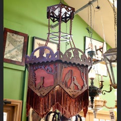 Curious Arts & Crafts Handmade Wood, Fabric and Fringe Pendant, circa 1920