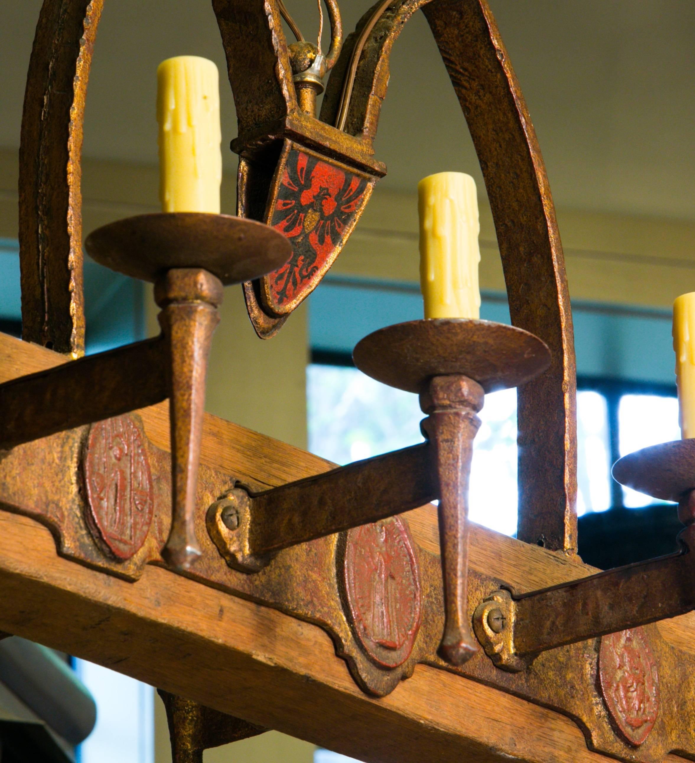 Medieval One of a Kind Rustic Wood and Iron Spanish Chandelier, circa 1940