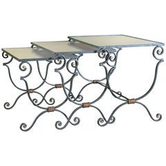 Vintage Set Three French Mirrored-Top Iron Nesting Tables