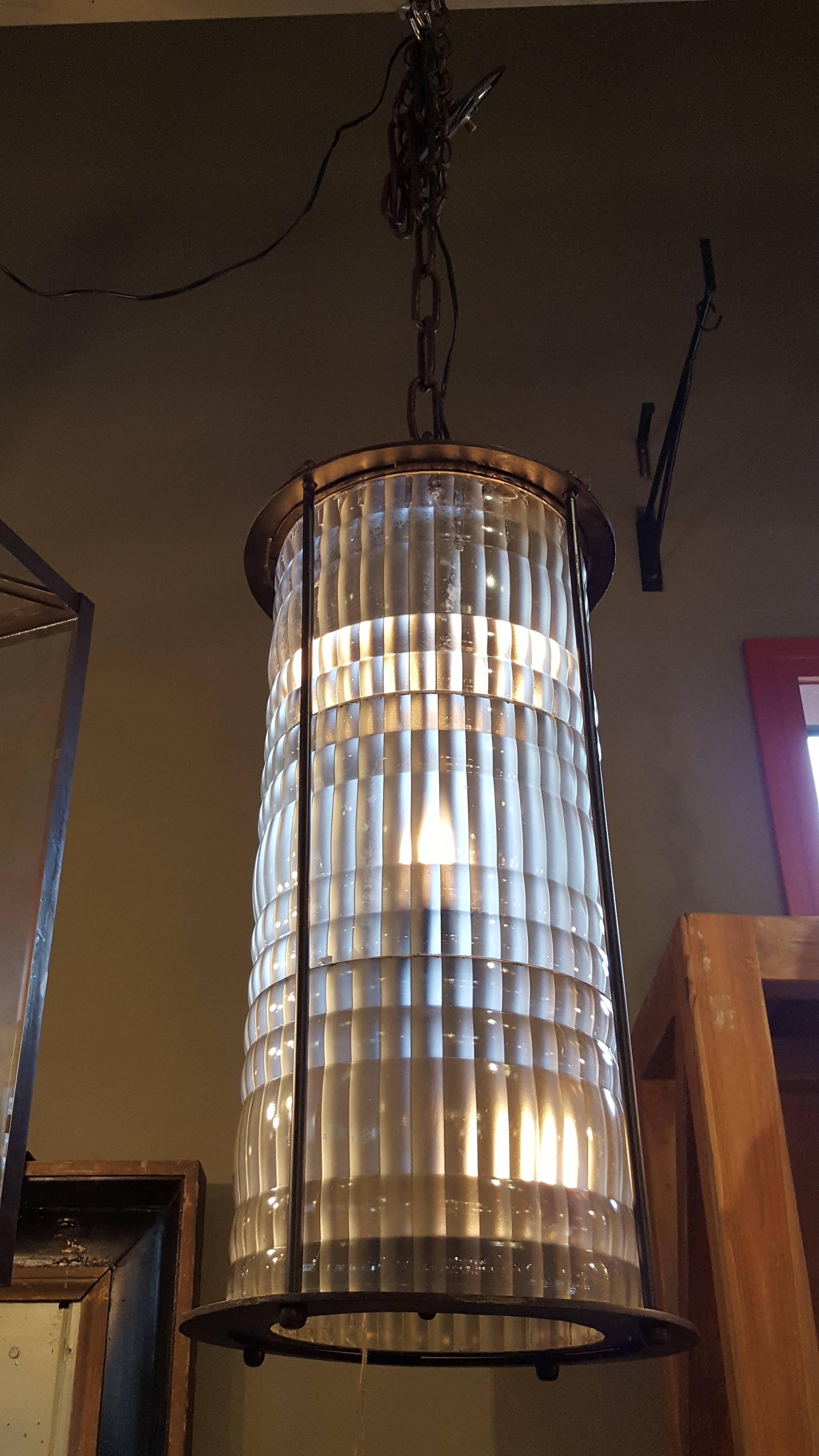 Mid-20th Century Art Deco Prismatic Glass and Iron Lantern from France, circa 1940