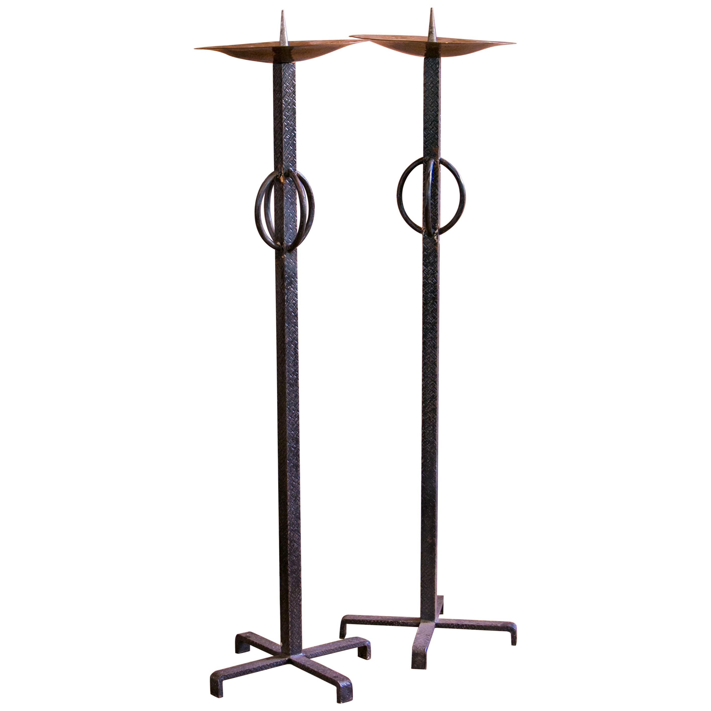 Pair of Brutalist Iron Candlesticks In Fair Condition In Houston, TX