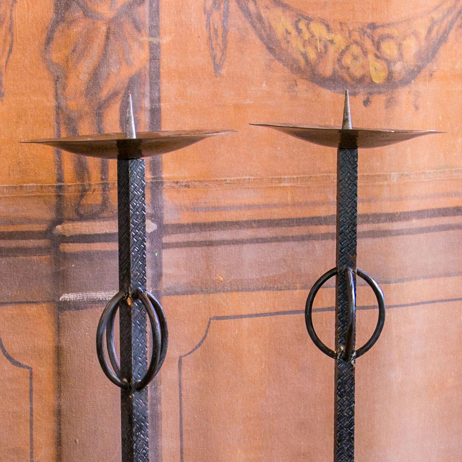 Forged Pair of Brutalist Iron Candlesticks