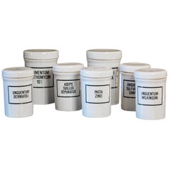 Set of Seven Ironstone Pharmacy Jars with Black Labels in Latin