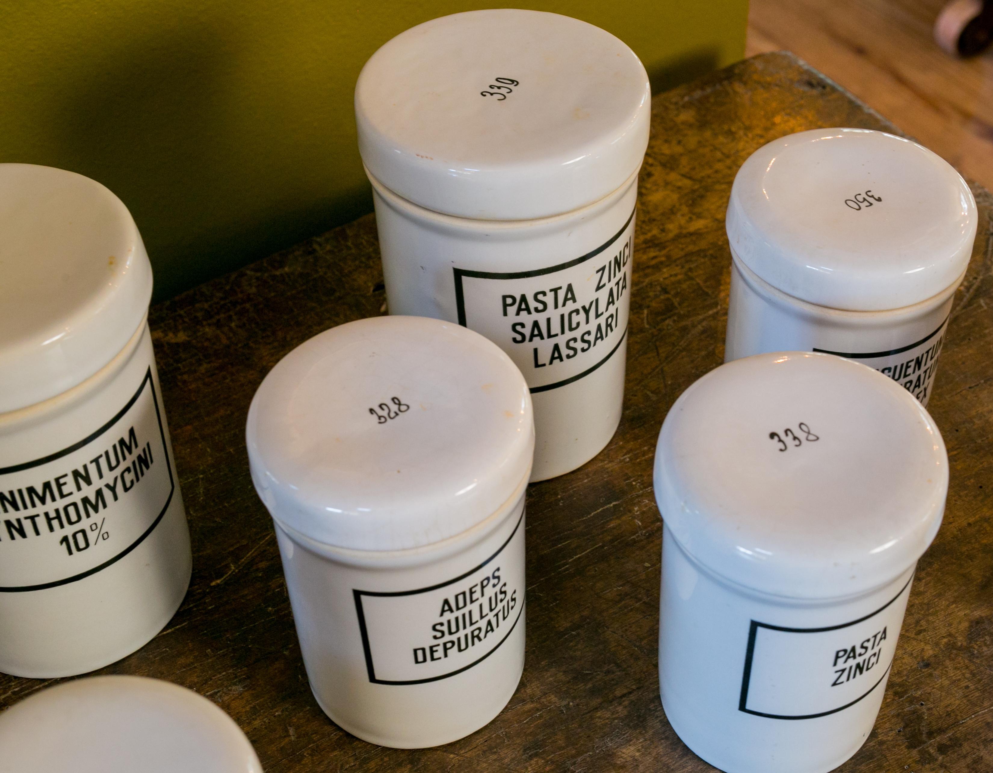 Other Set of Seven Ironstone Pharmacy Jars with Black Labels in Latin For Sale