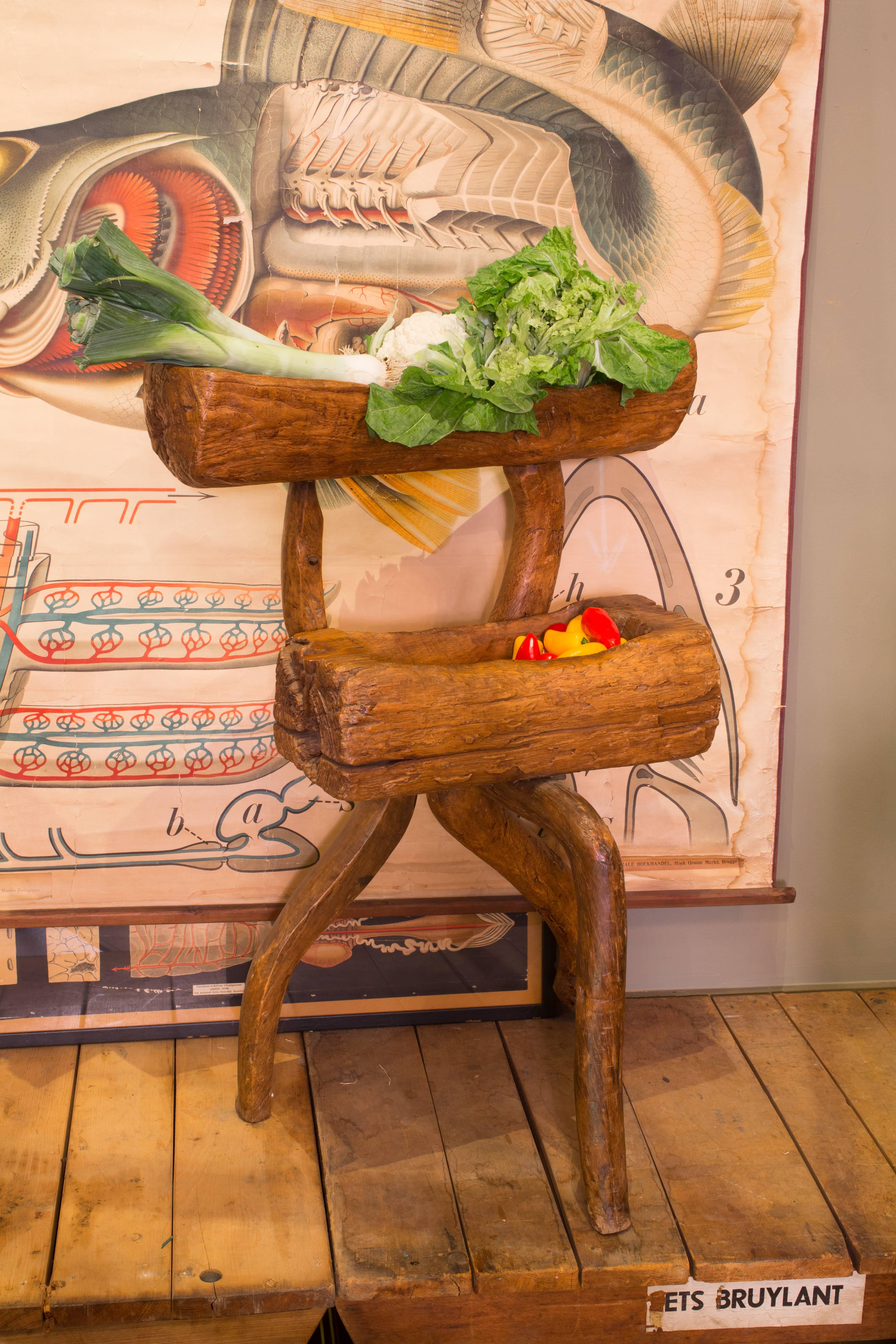 French One of a Kind, Hand-Crafted Two-Tier Rustic Wood Stand from France, circa 1920