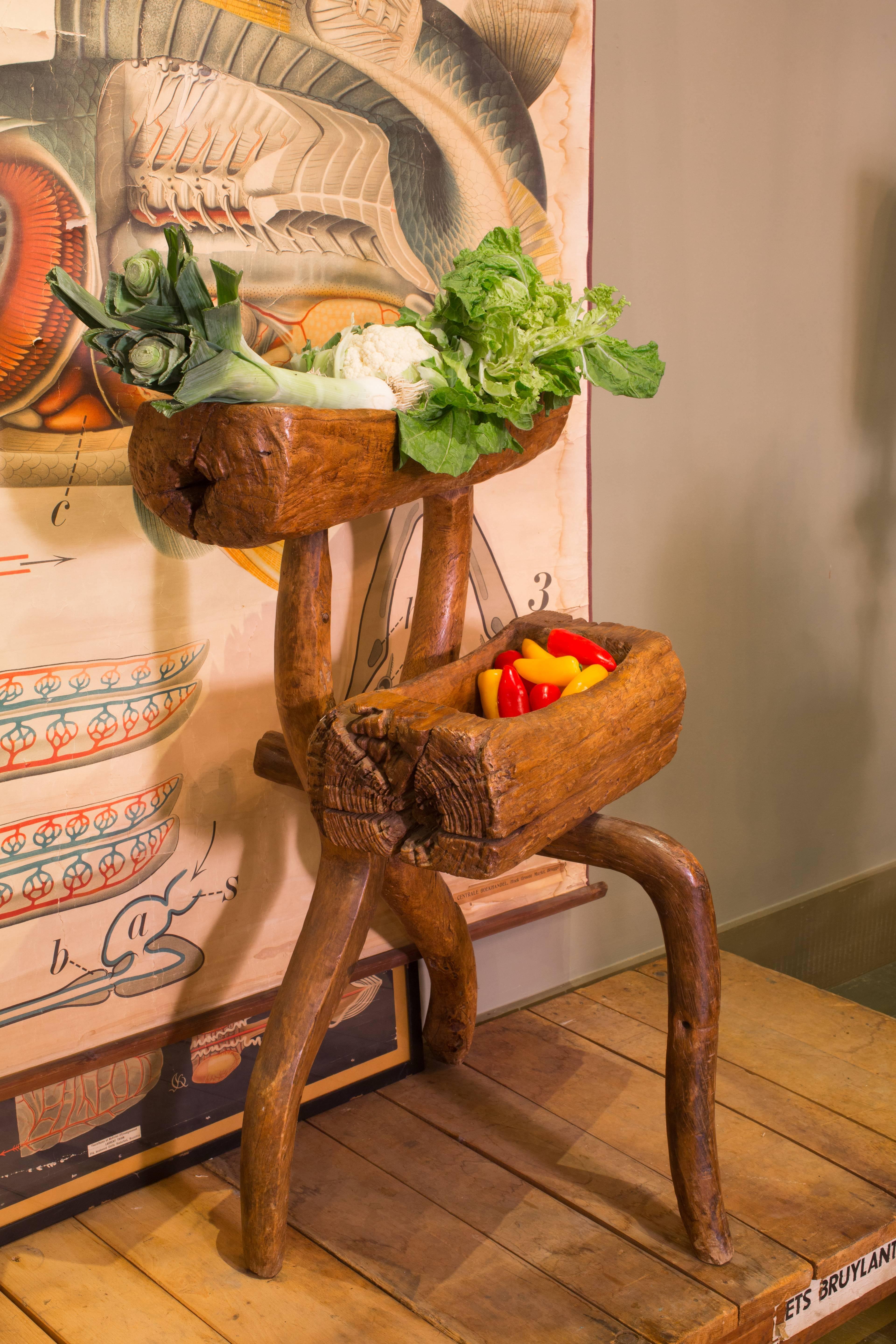 One of a Kind, Hand-Crafted Two-Tier Rustic Wood Stand from France, circa 1920 In Excellent Condition In Houston, TX