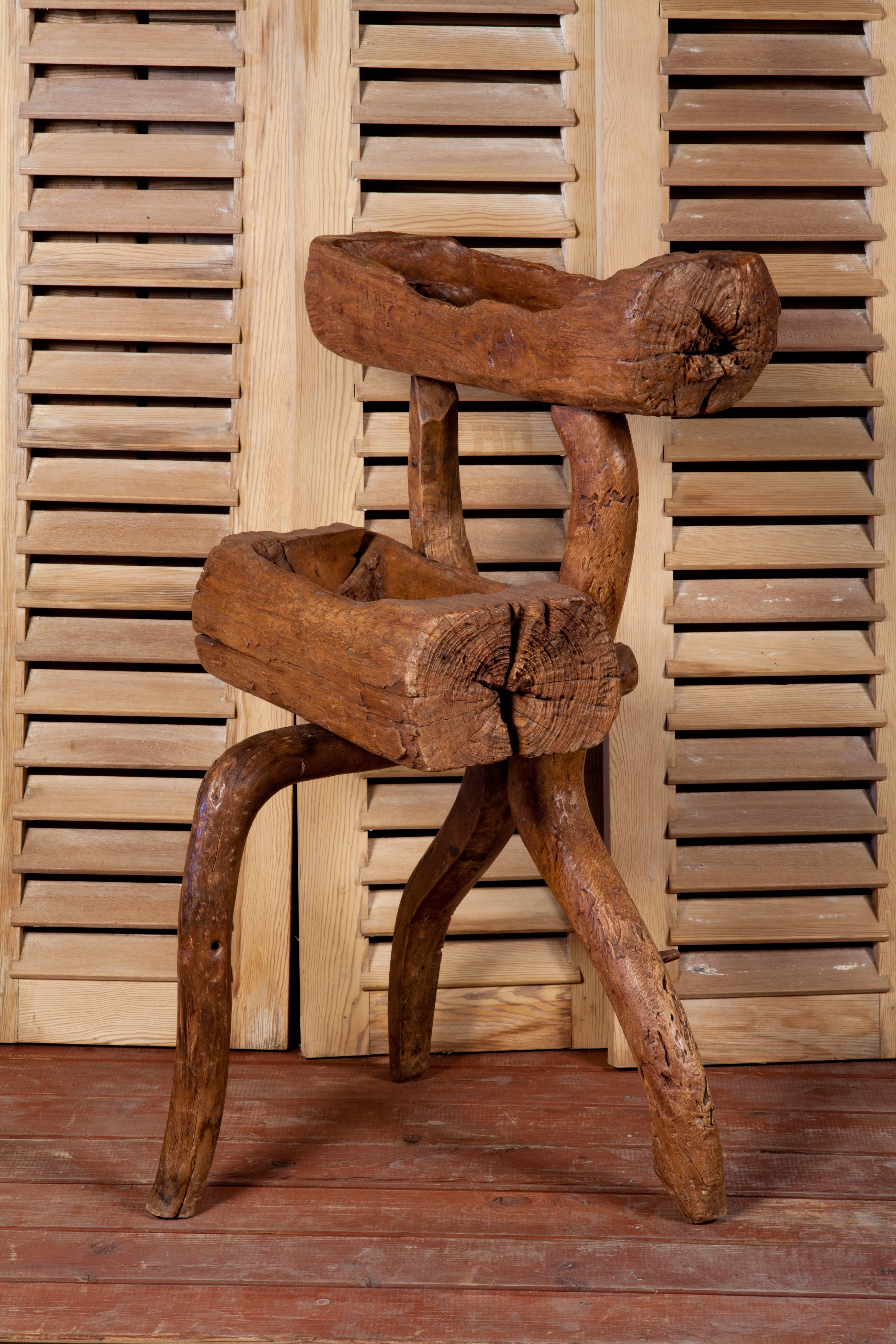 One of a Kind, Hand-Crafted Two-Tier Rustic Wood Stand from France, circa 1920 1
