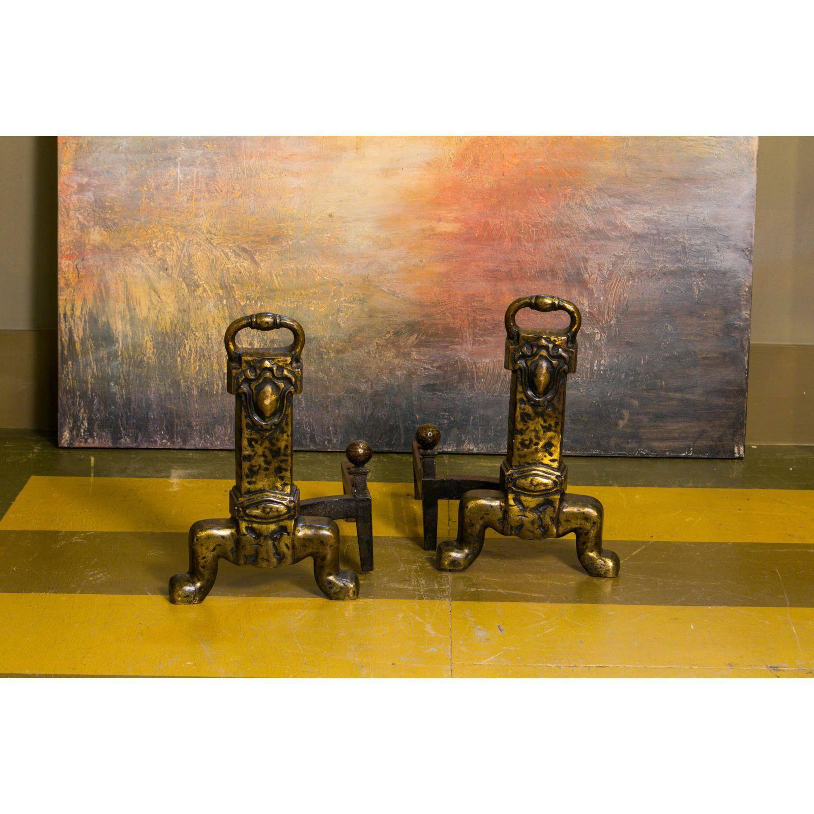 Arts and Crafts Pair English Arts & Crafts-Style Hammered Bronze Andirons circa 1930 For Sale