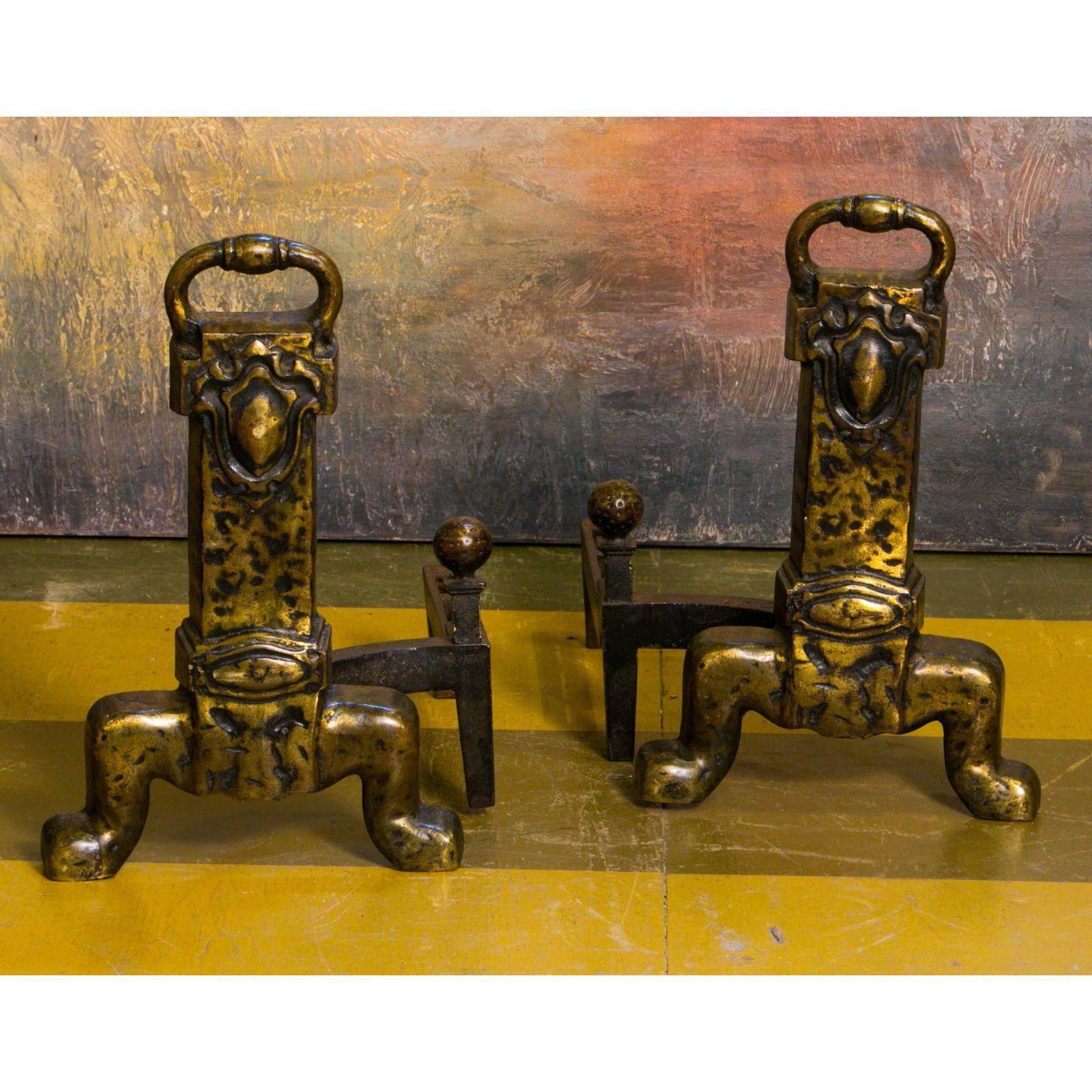 Cast Pair English Arts & Crafts-Style Hammered Bronze Andirons circa 1930 For Sale