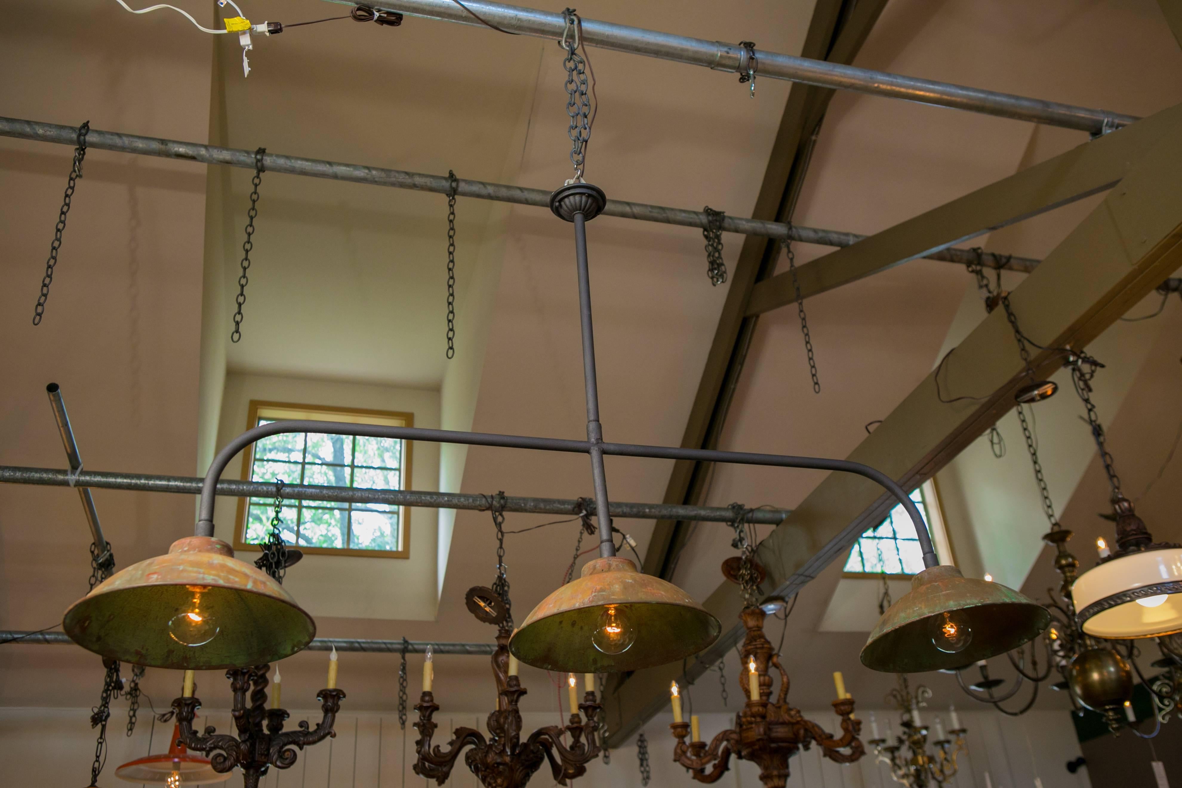 Custom Industrial Copper and Iron Kitchen Island or Billiard Light In Excellent Condition In Houston, TX