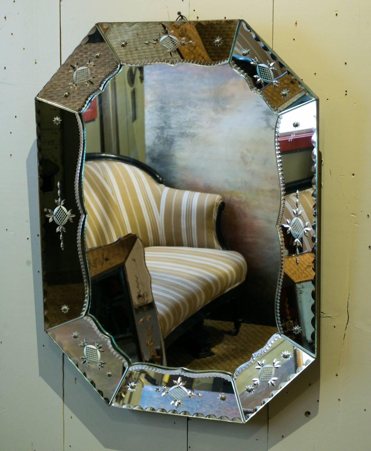 Hollywood Regency Large Octagonal Venetian Mirror with Etched Frame, circa 1950